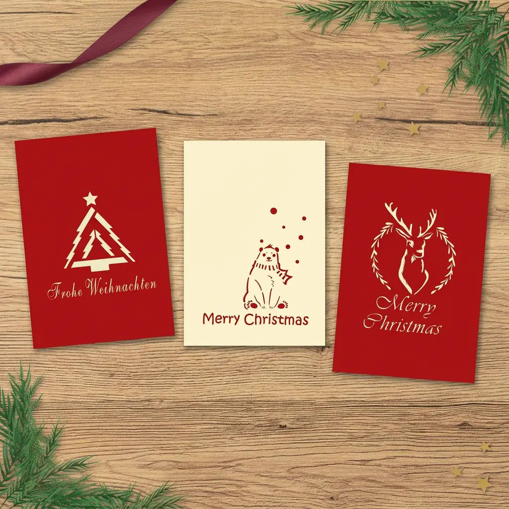 Drei geschlossene Weihnachtskarten mit modernem Tannenbaum, Eisbär und Rentierkopf im Kranz auf einem festlich dekorierten Holztisch.
