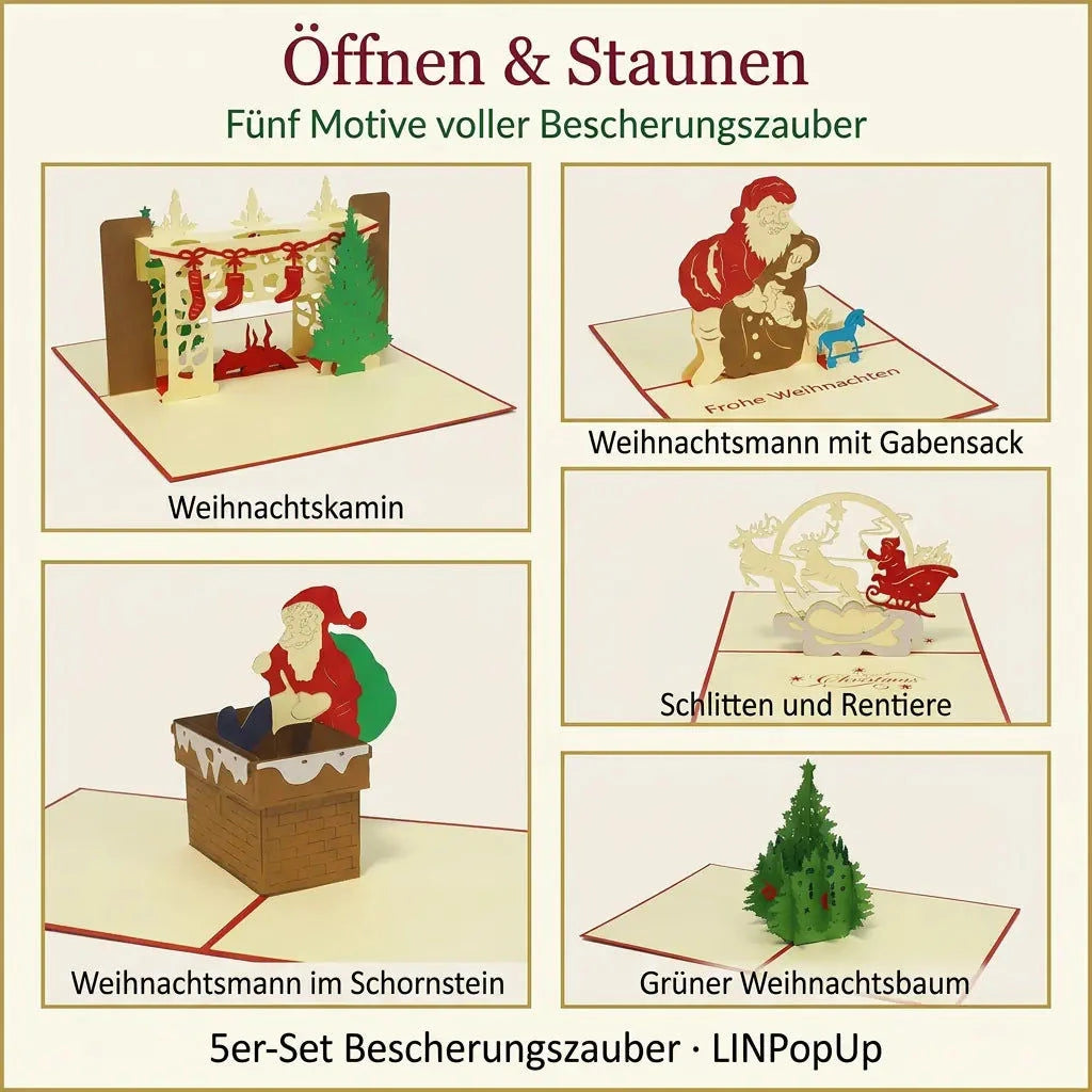 Die fünf Pop-Up-Karten des Sets Bescherungszauber einzeln in goldgerahmten Bildfeldern unter „Öffnen & Staunen“.