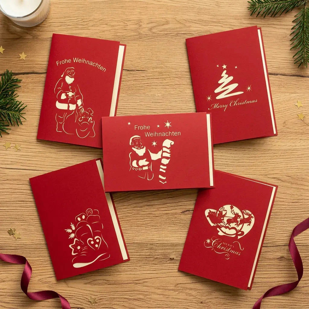 Fünf geschlossene rote Weihnachtskarten des Sets Bescherungszauber im Hoch- und Querformat auf einem festlich dekorierten Holztisch.