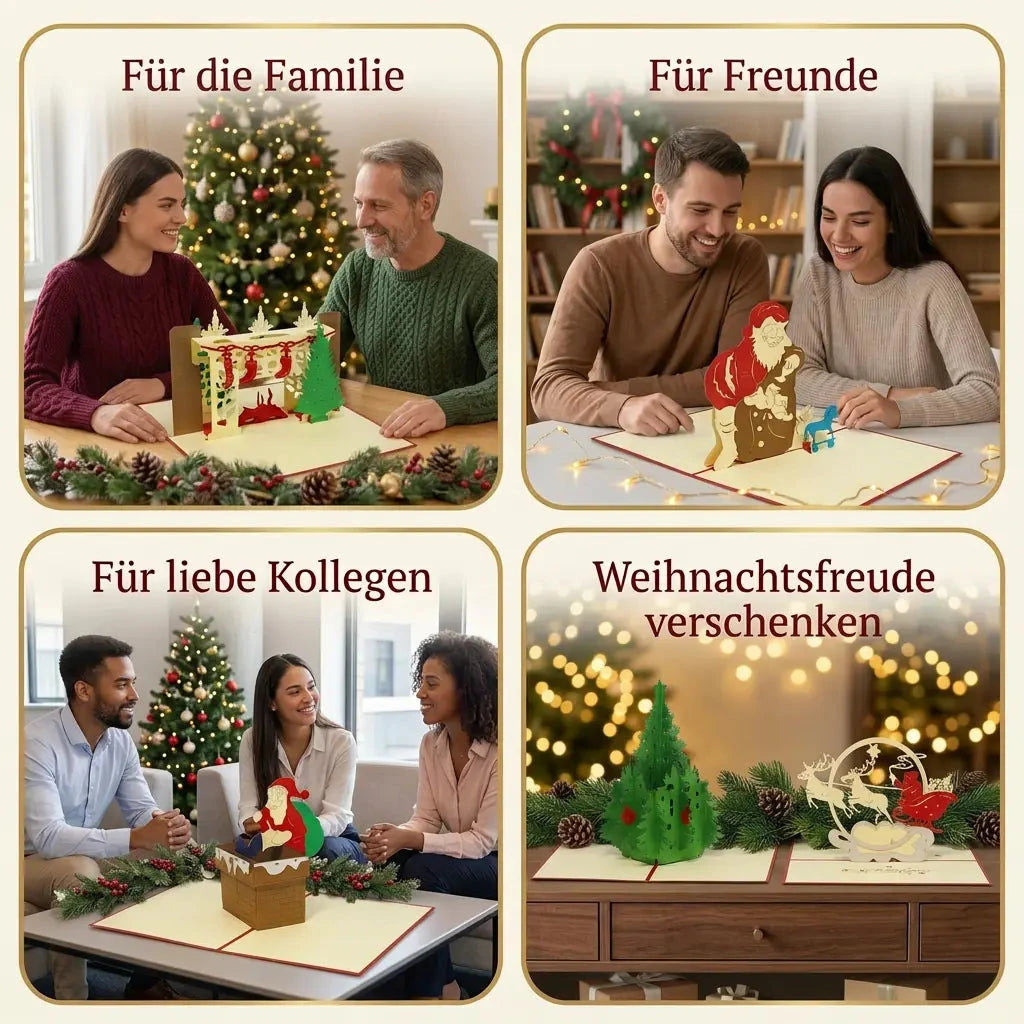 Bescherungszauber-Pop-Up-Karten in festlichen Geschenkszenen mit Menschen, geschmückten Tannenbäumen und warmen Weihnachtslichtern.