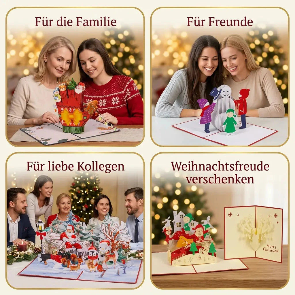 Die fünf Pop-Up-Karten des Sets Fröhliche Weihnachtszeit in festlichen Szenen als Grüße für Familie, Freunde und Kollegen