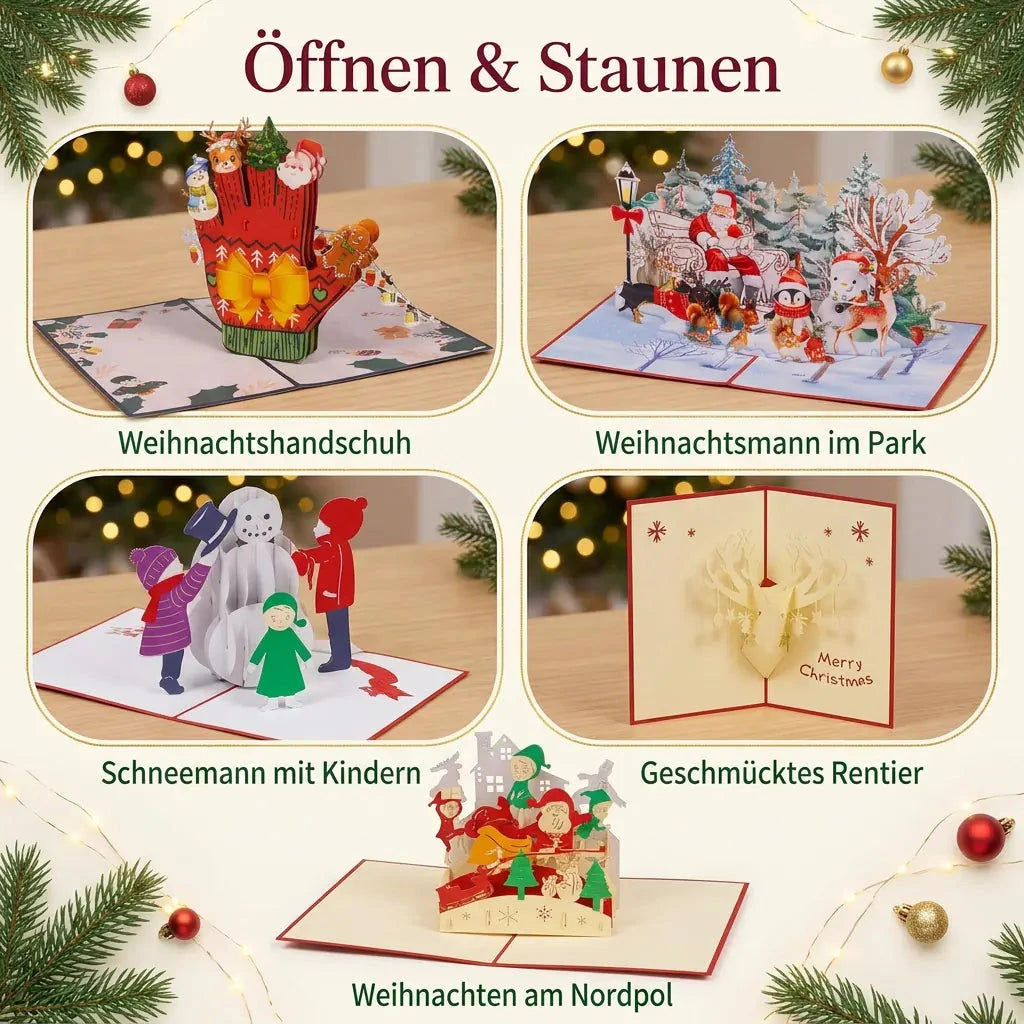 Fünf Bildfelder zeigen Pop-Up-Karten mit Weihnachtshandschuh, Weihnachtsmann im Park, Schneemann, Rentier und Nordpolszene