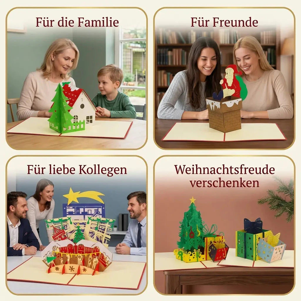 Karten aus dem Set Weihnachtsabend in vier goldgerahmten Szenen für Familie, Freunde, Kollegen und zum Verschenken