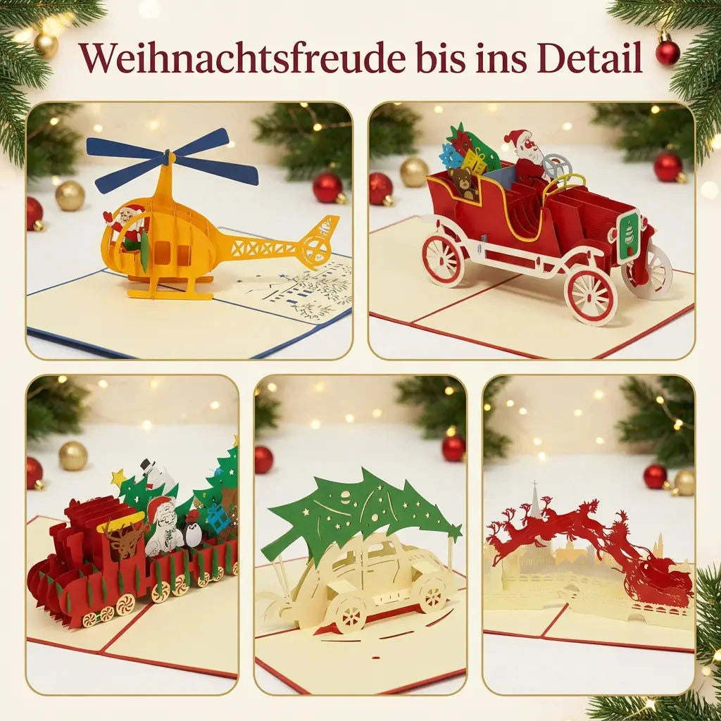 Detail-Collage mit Helikopter, Oldtimer, Weihnachtszug, Auto mit Tannenbaum und Weihnachtsschlitten über einer Papierstadt