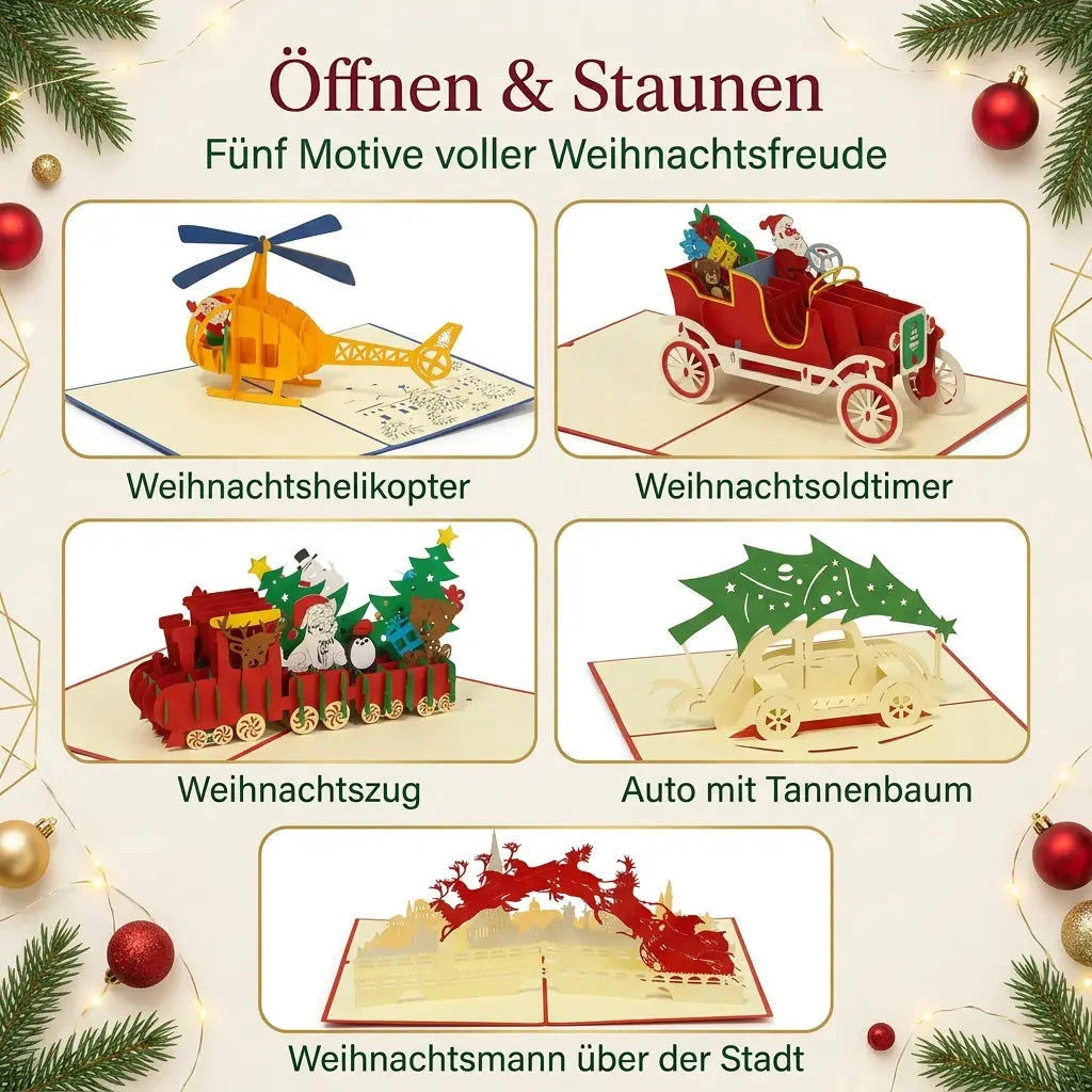 Fünf Pop-Up-Weihnachtskarten mit Helikopter, Oldtimer, Zug, Auto mit Tannenbaum und Schlitten über der Stadt in einzelnen Bildfeldern