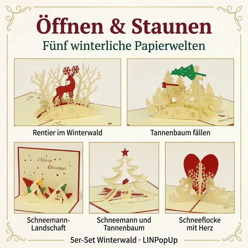 Fünf geöffnete Pop-Up-Karten aus dem Set Winterwald in getrennten Bildfeldern unter der Überschrift „Öffnen & Staunen“.