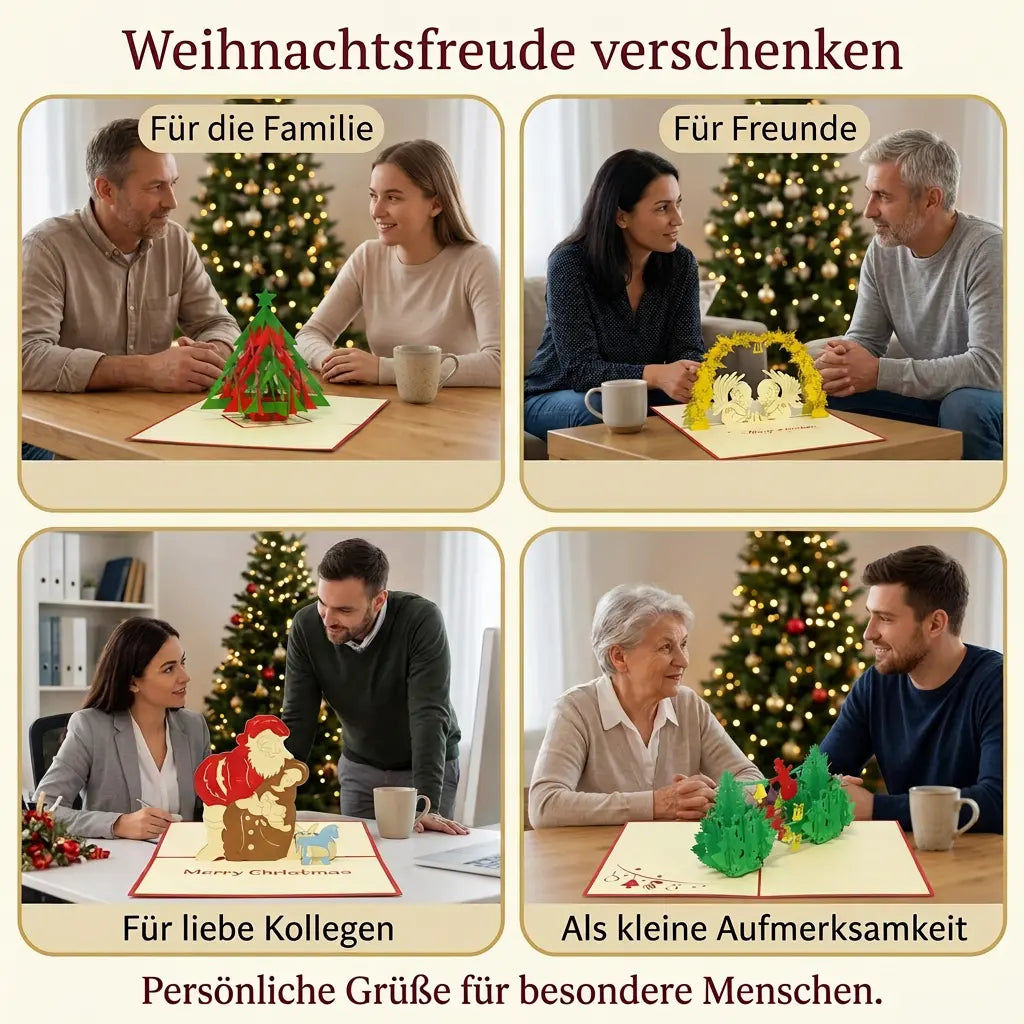 Vier weihnachtliche Geschenkszenen zeigen Pop-Up-Karten mit Tannenbaum, Engeln, Weihnachtsmann und zwei geschmückten Bäumen für Familie, Freunde und Kollegen.