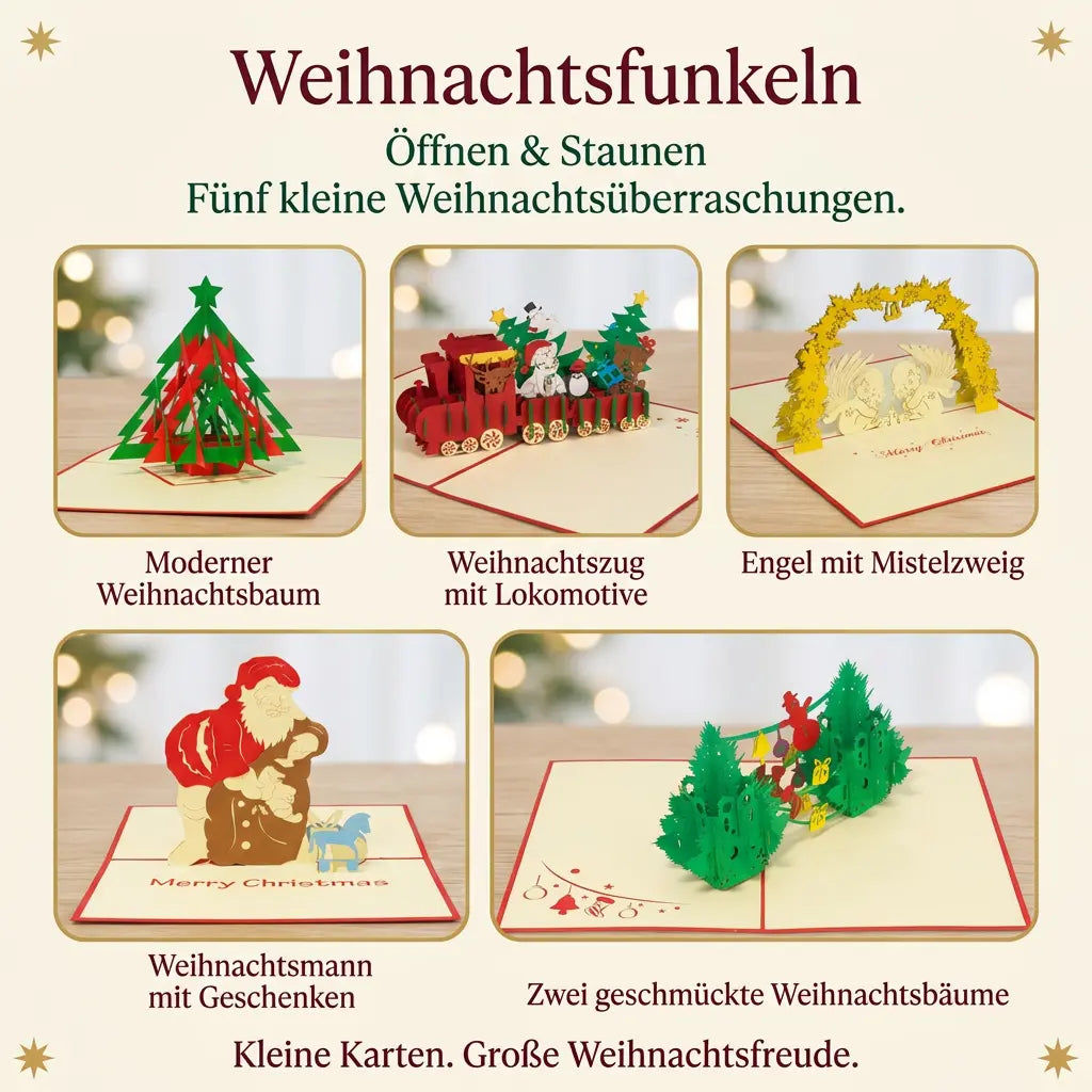 Fünf Bildfelder zeigen geöffnete Pop-Up-Karten mit modernem Tannenbaum, Weihnachtszug, Engeln, Weihnachtsmann und zwei geschmückten Weihnachtsbäumen