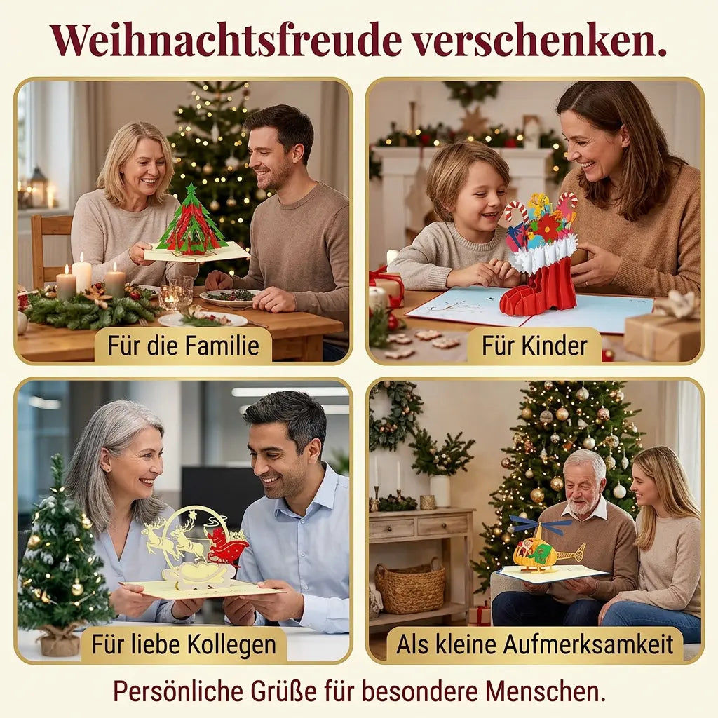 Weihnachtliche Geschenkszenen mit Pop-Up-Karten für Familie und Kollegen sowie einer Mutter, die einem Kind die Nikolausstiefel-Karte schenkt.
