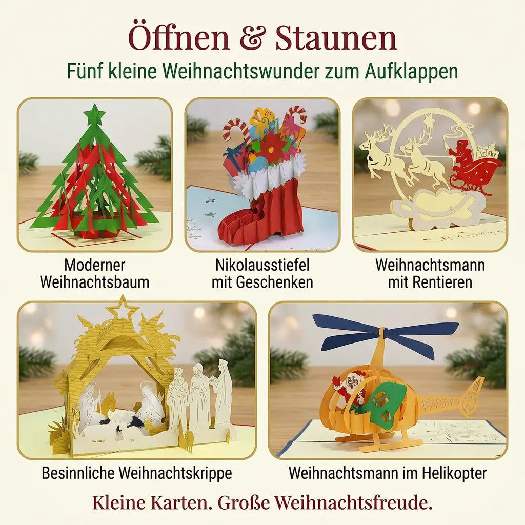 Fünf Bildfelder zeigen geöffnete Pop-Up-Weihnachtskarten mit Tannenbaum, Nikolausstiefel, Rentierschlitten, Krippe und Weihnachtsmann im Helikopter.