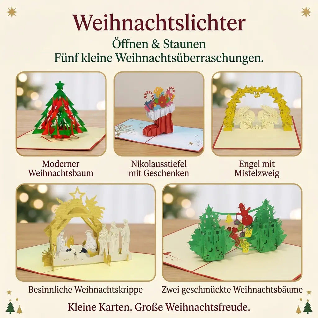 Fünf geöffnete Pop-Up-Karten des Sets Weihnachtslichter mit modernem Tannenbaum, Nikolausstiefel, Engeln mit Mistelbogen, Weihnachtskrippe und zwei geschmückten Weihnachtsbäumen.