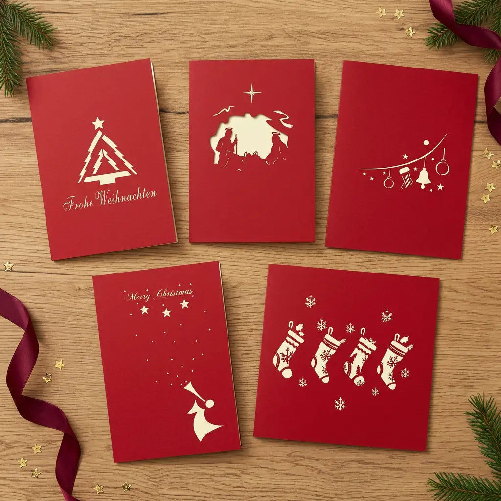 Fünf geschlossene rote Weihnachtskarten mit Tannenbaum, Krippenszene, Ornamentgirlande, Engel und vier Nikolausstiefeln auf einem festlich dekorierten Eichentisch.