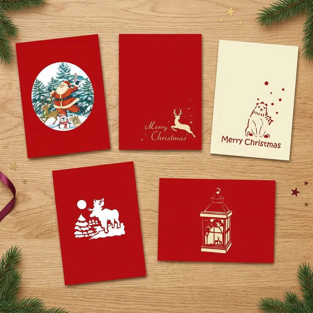 Fünf geschlossene Weihnachtskarten mit Weihnachtsmann, Hirschmotiven, Eisbär und Laterne auf einem hellen, festlich dekorierten Holztisch.