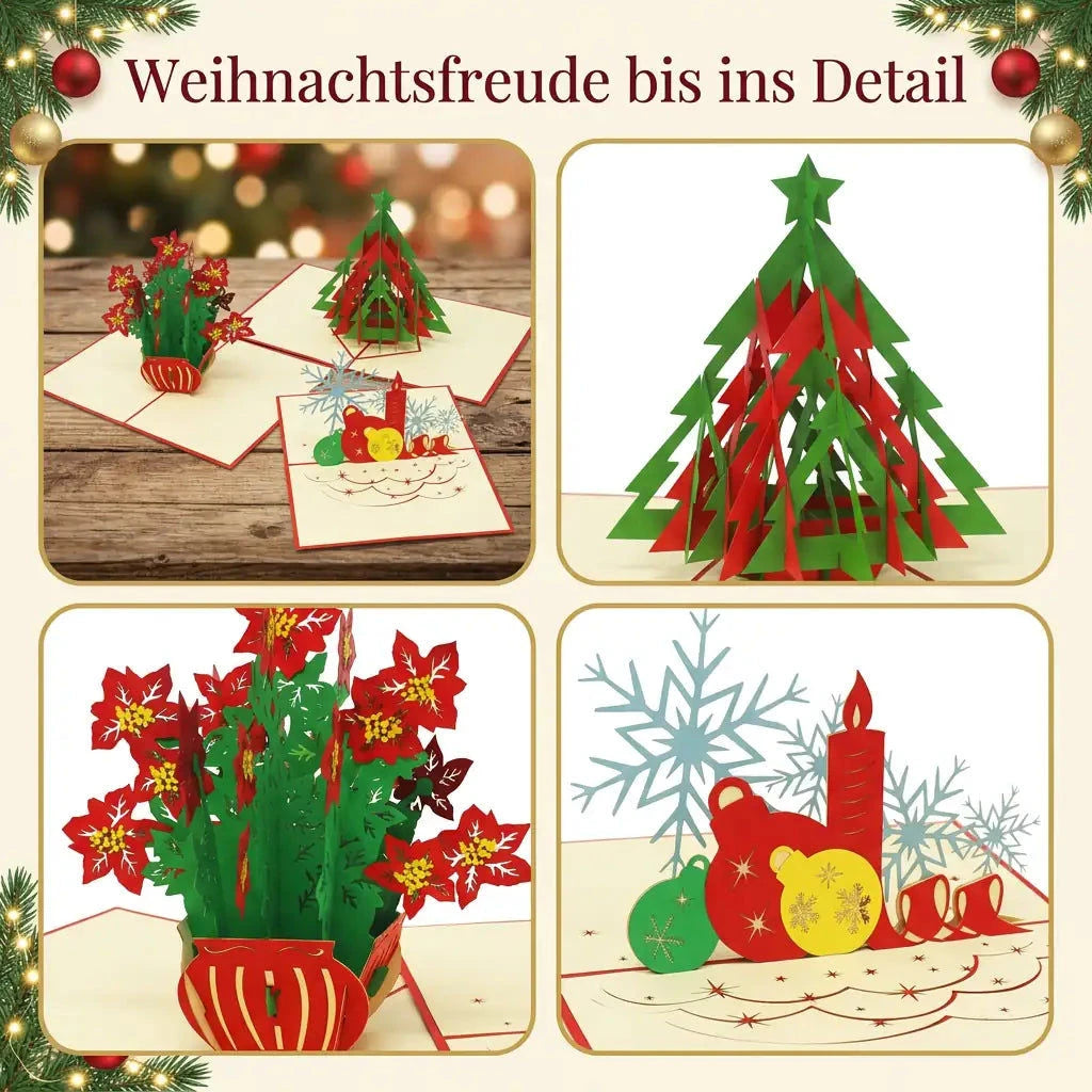 Detail-Collage des 3er-Weihnachtskarten-Sets mit Nahaufnahmen von geometrischem Baum, roten Weihnachtsblumen und Kerzenmotiv