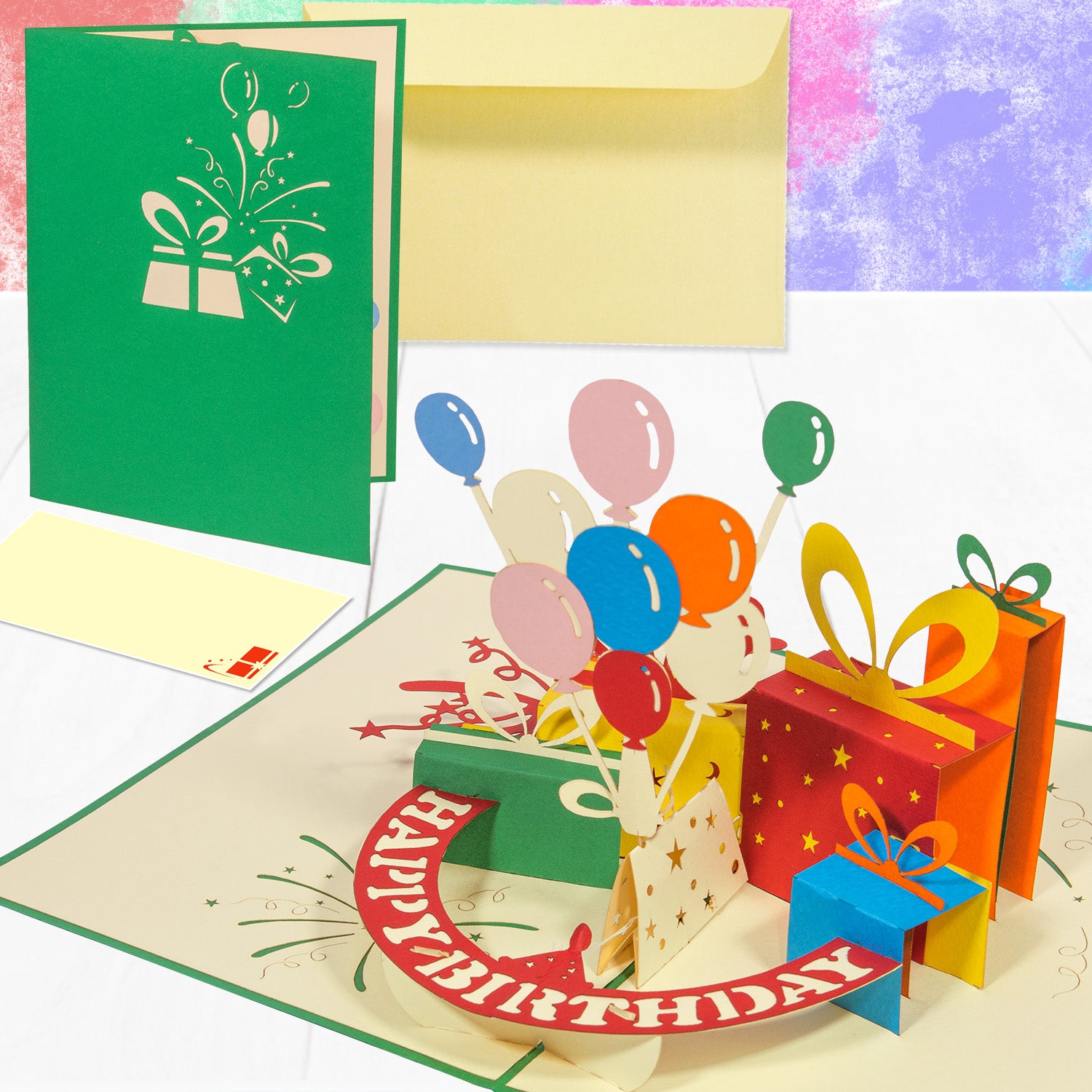 Geburtstagskarte 3D Pop-Up -  Rotierende Luftballons mit Dreh-Effekt, Grün, N195