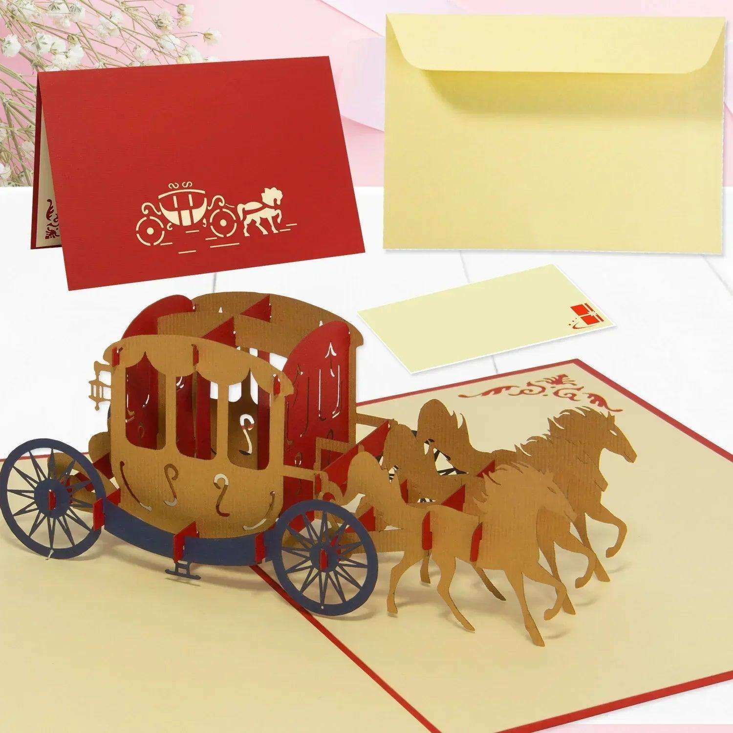 Hochzeitskarte Pop Up 3D - Glückwunschkarte zur Hochzeit, Kutsche, N369 - LINPopUp