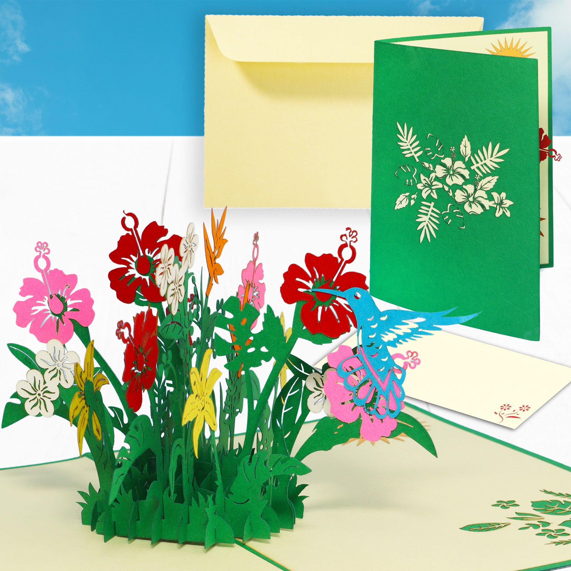 3D Pop-Up Blumenkarte mit Vogel, Hibiskus, Blumen, N375