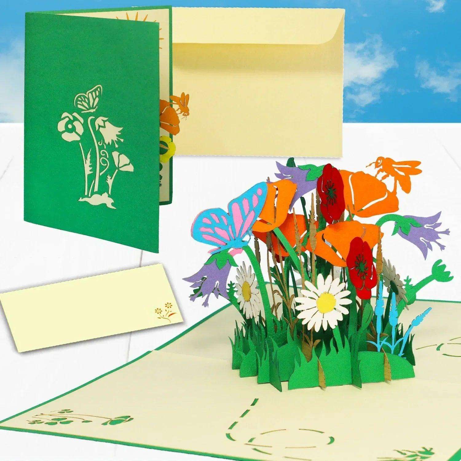 Pop Up Karte 3D Blumen Schmetterling Biene – Grußkarte Muttertag & Geburtstag - LINPopUp