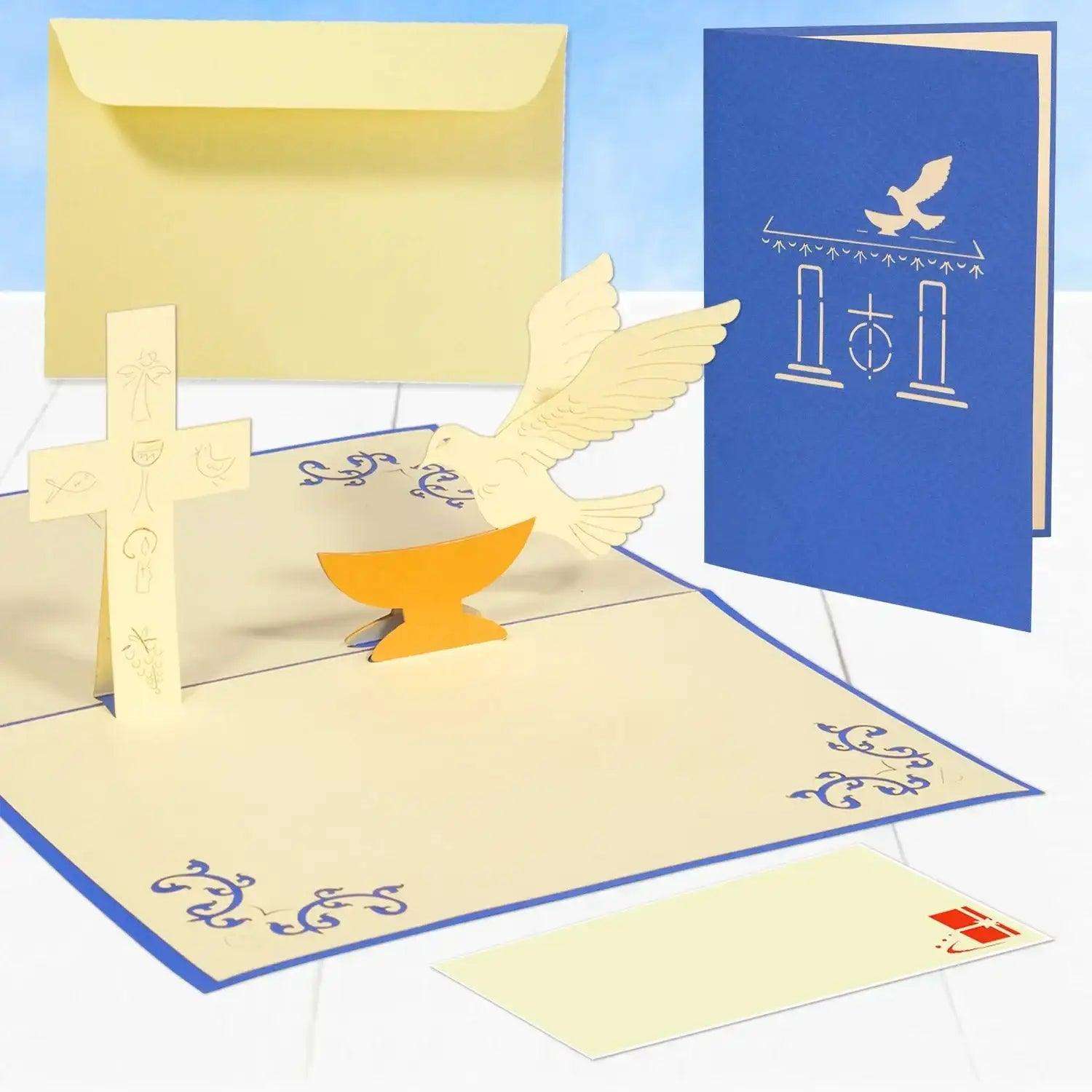 Pop-Up Karte Kreuz & Taube - 3D Grußkarte Konfirmation Kommunion Taufe, N316 - LINPopUp