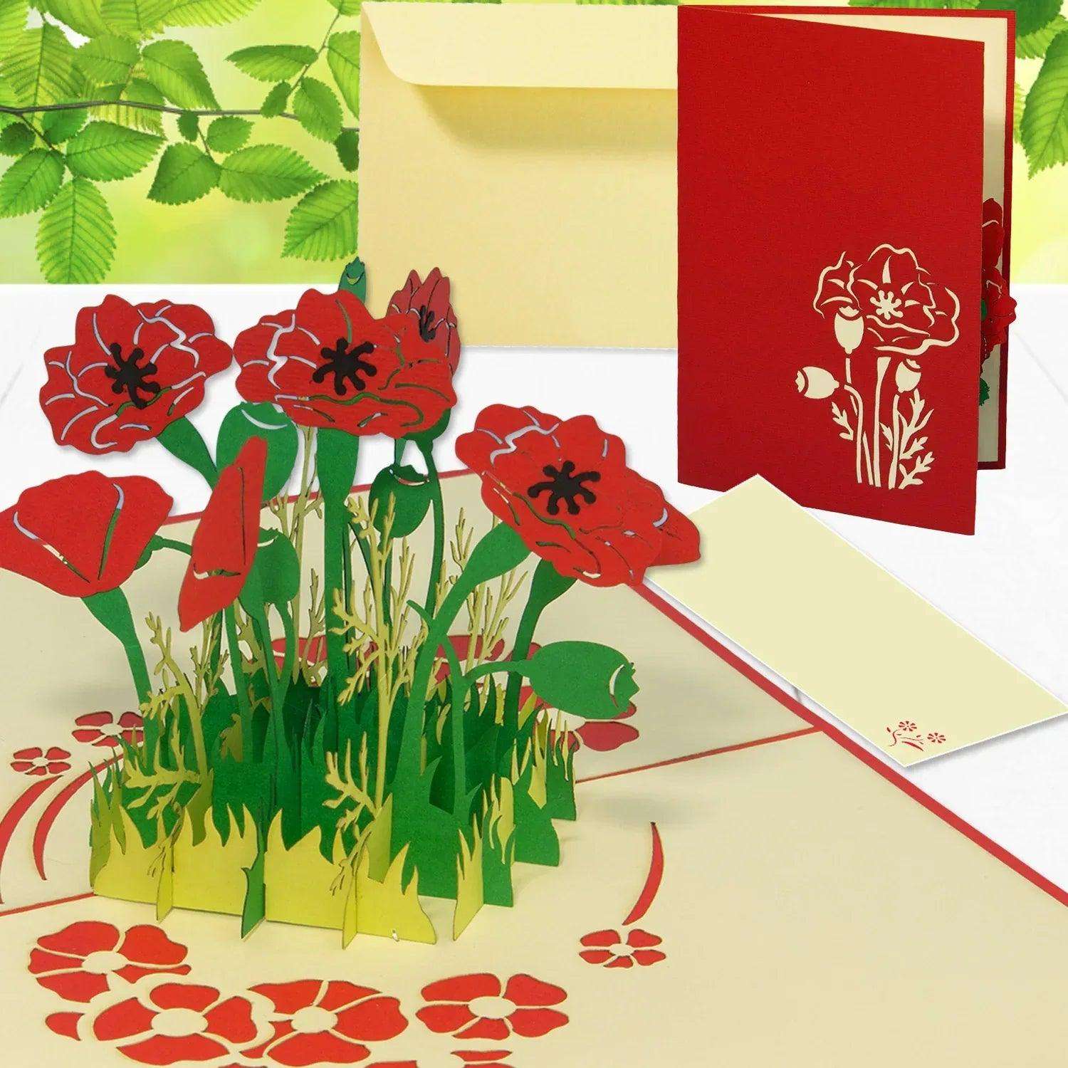 Pop Up Karte 3D Mohn Blume Rot – Grußkarte Muttertag & Geburtstag - LINPopUp