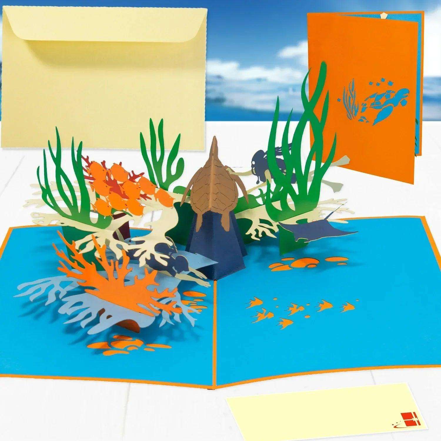 Pop-Up Karte Meer, Unterwasserwelt, Meeresbiologie, Taucher, Fisch, Schildkröter LINPopUp 17790, N82