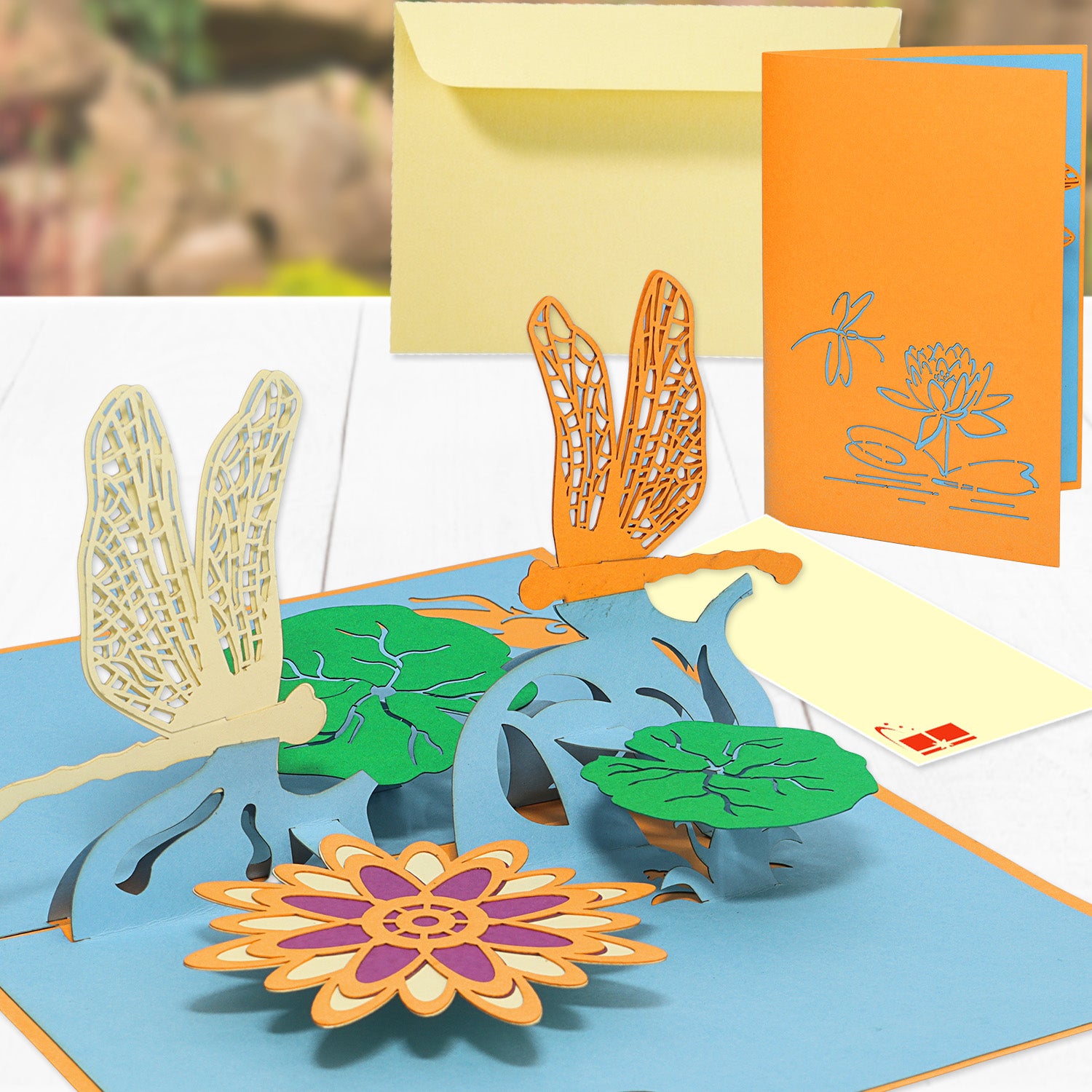 3D Pop-Up Karte Blumenkarte, Libellen Teich, N287