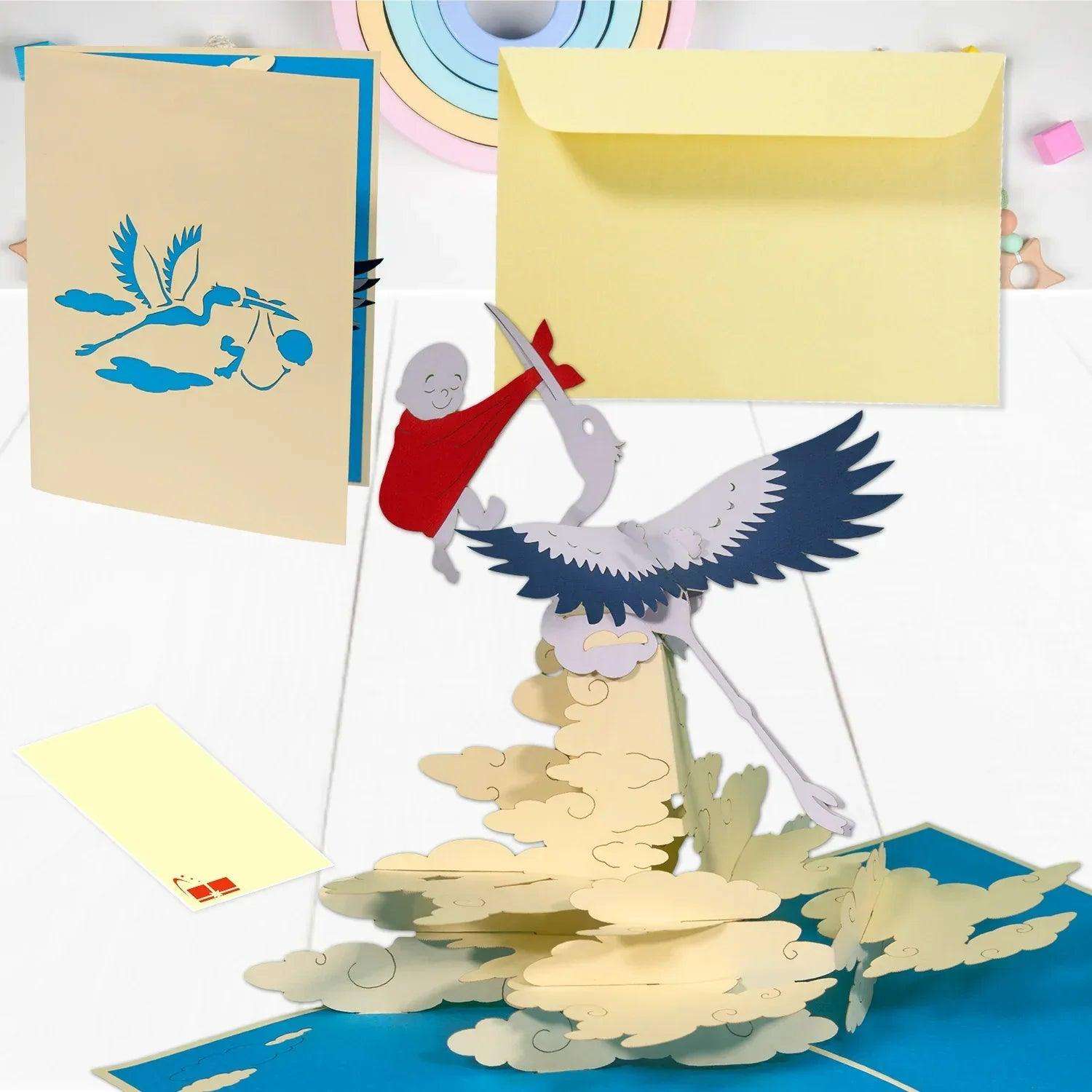 Pop-Up 3D Geburtskarte Klapperstorch & Baby – Karte zur Geburt, N131 LINPopUp N131