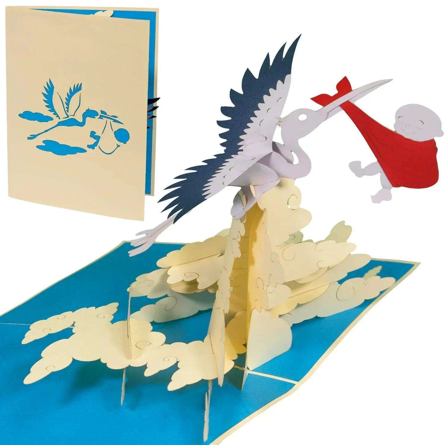 Pop-Up 3D Geburtskarte Klapperstorch & Baby – Karte zur Geburt, N131 - LINPopUp