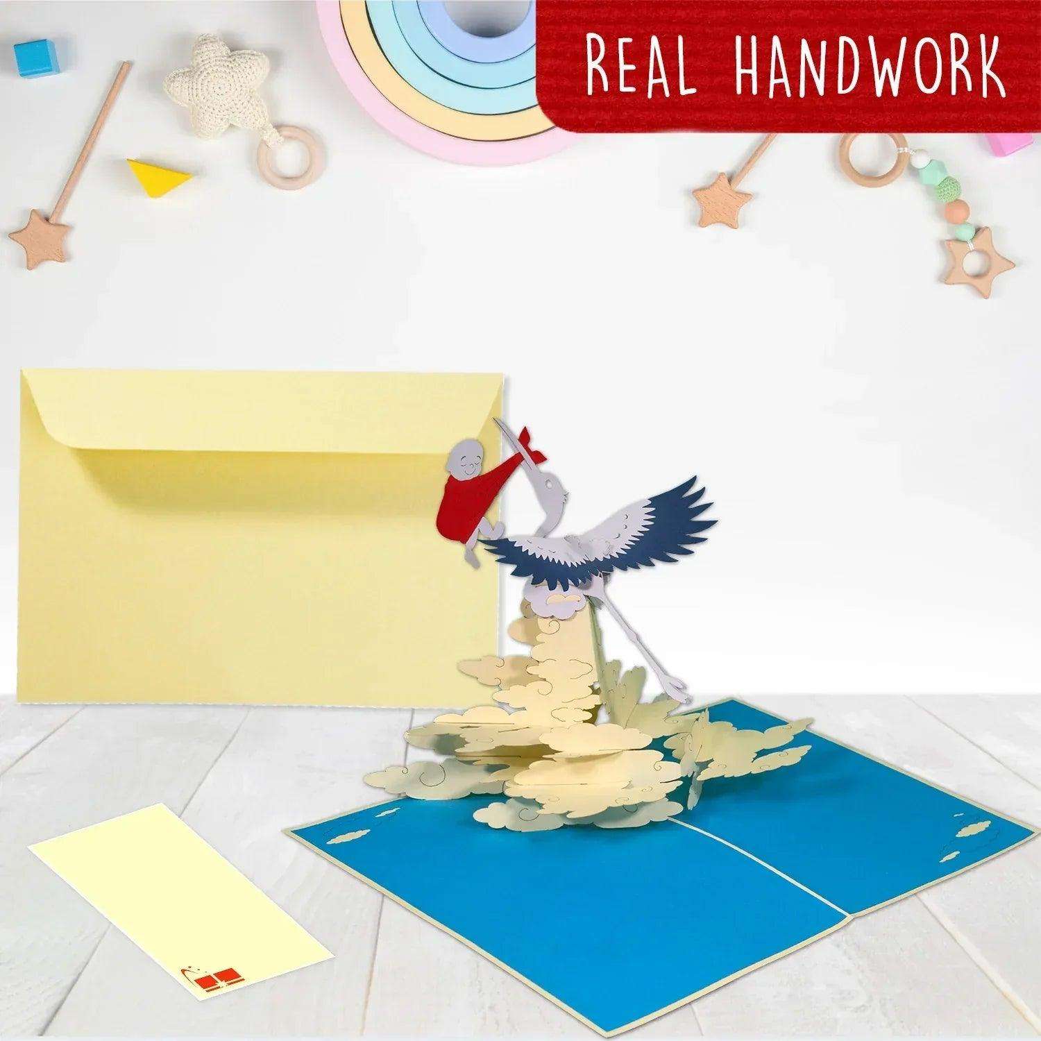 Pop-Up 3D Geburtskarte Klapperstorch & Baby – Karte zur Geburt, N131 - LINPopUp