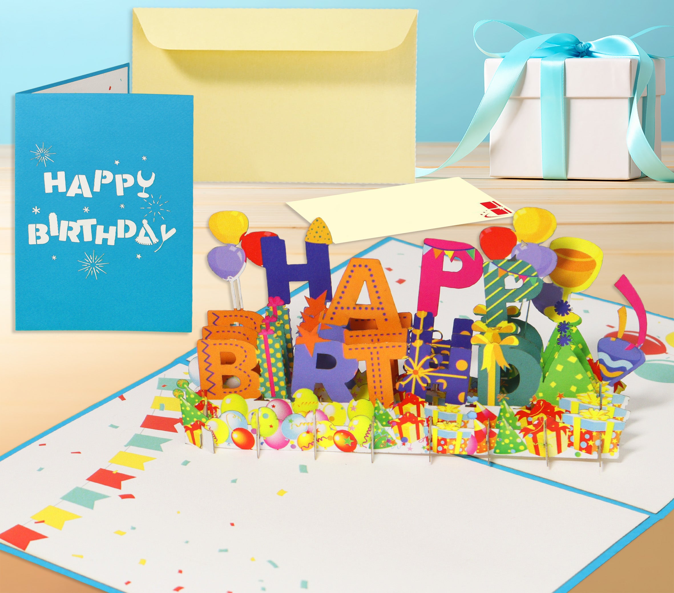 Pop-Up 3D Geburtstagskarte Happy Birthday - Luftballons & Konfetti, N130