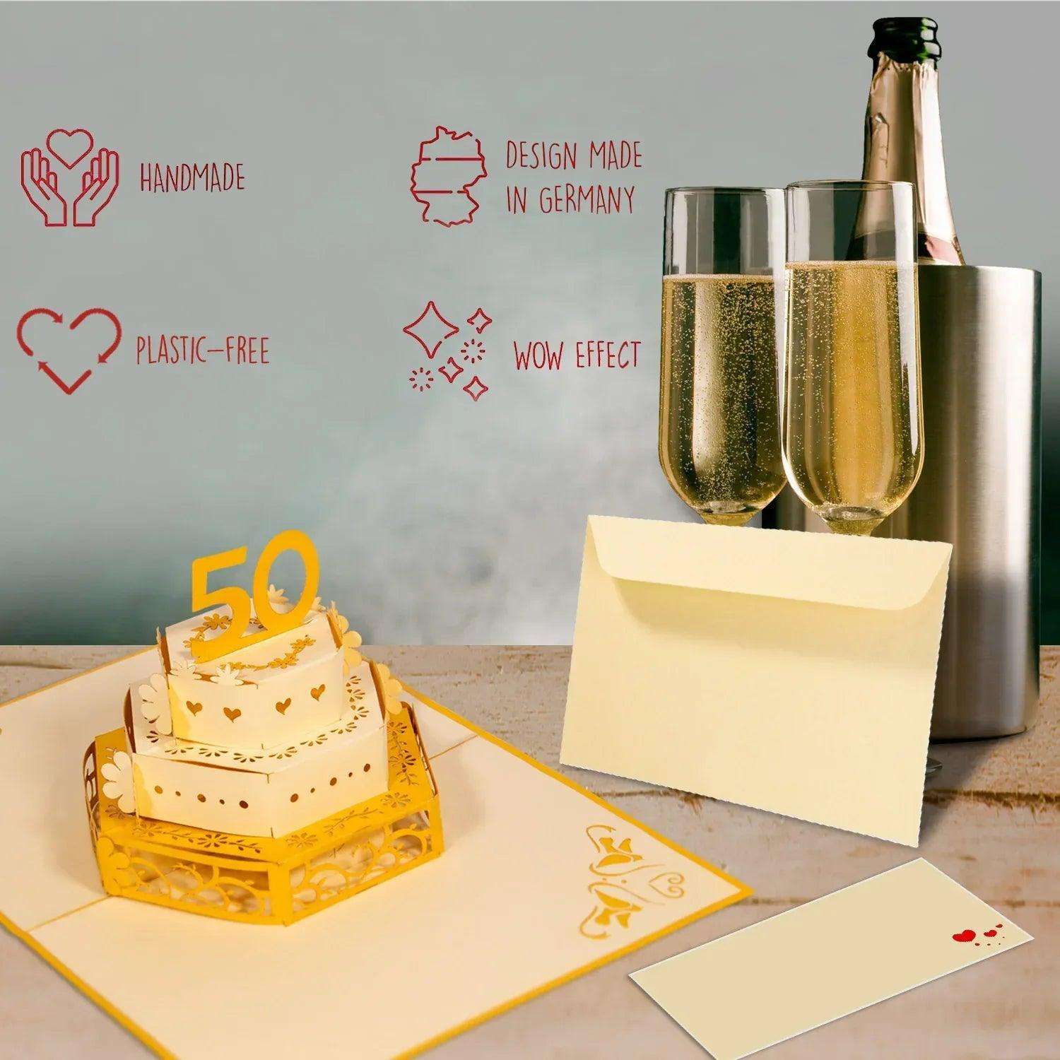 50. Hochzeitstag, Goldhochzeit Karte 3D Pop-Up - Goldene Hochzeitskarte, N212 - LINPopUp
