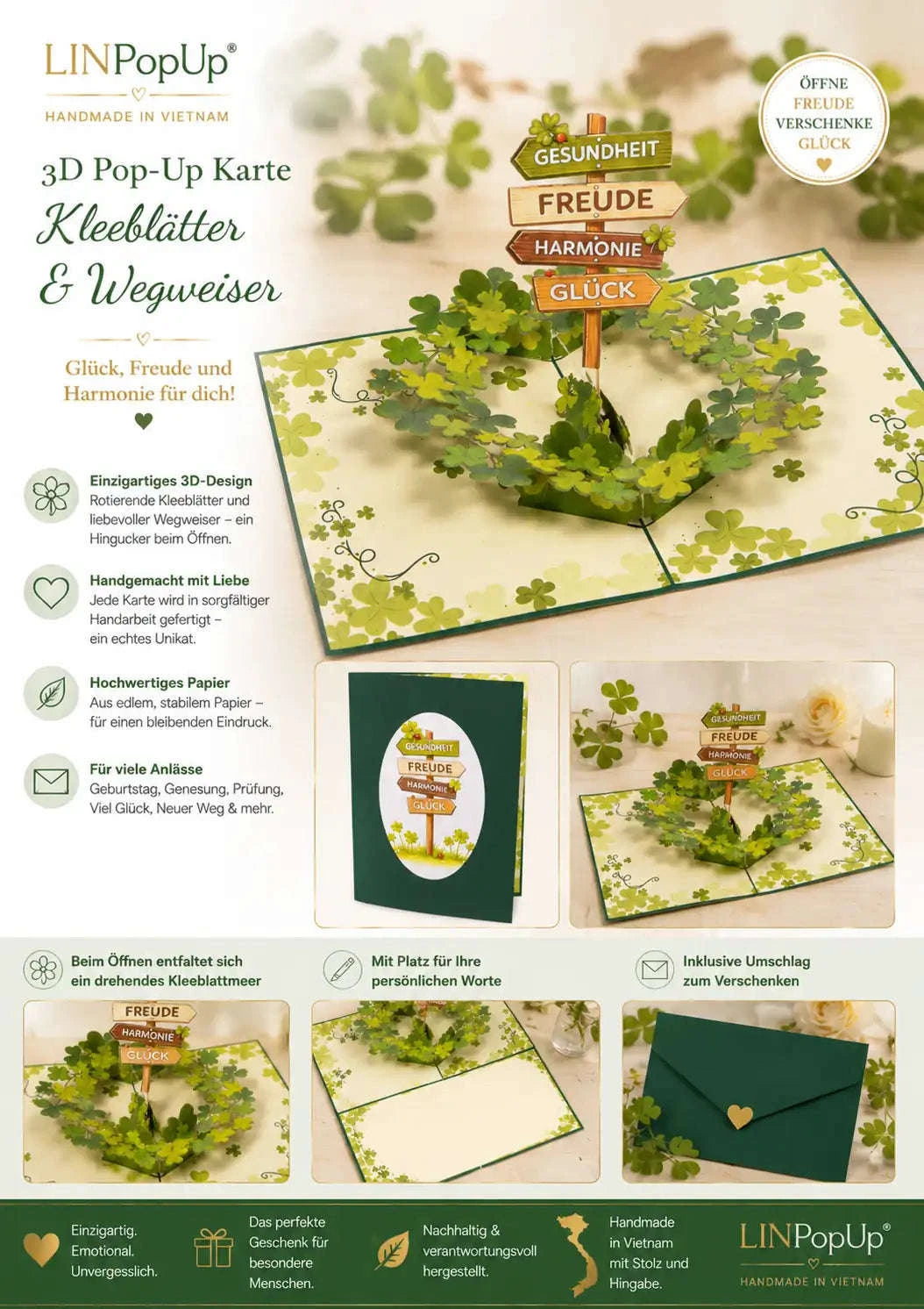Rotierende Pop-Up-Karte, 3D Grußkarte, Kleeblätter  | LINpopUp LINPopUp N199-17890