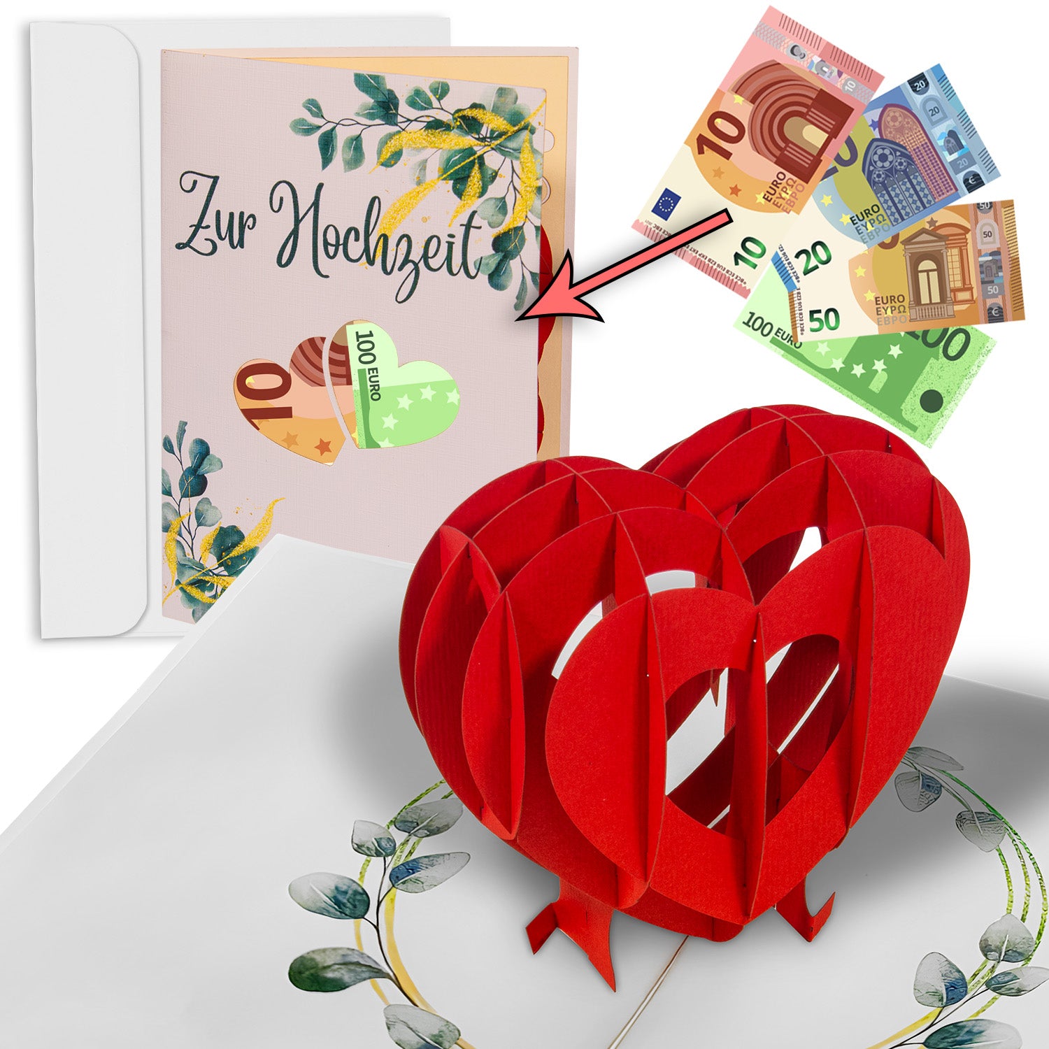 Pop - Up Hochzeitskarte mit Geldfach - Verpackung Geldgeschenk zur Hochzeit, N94