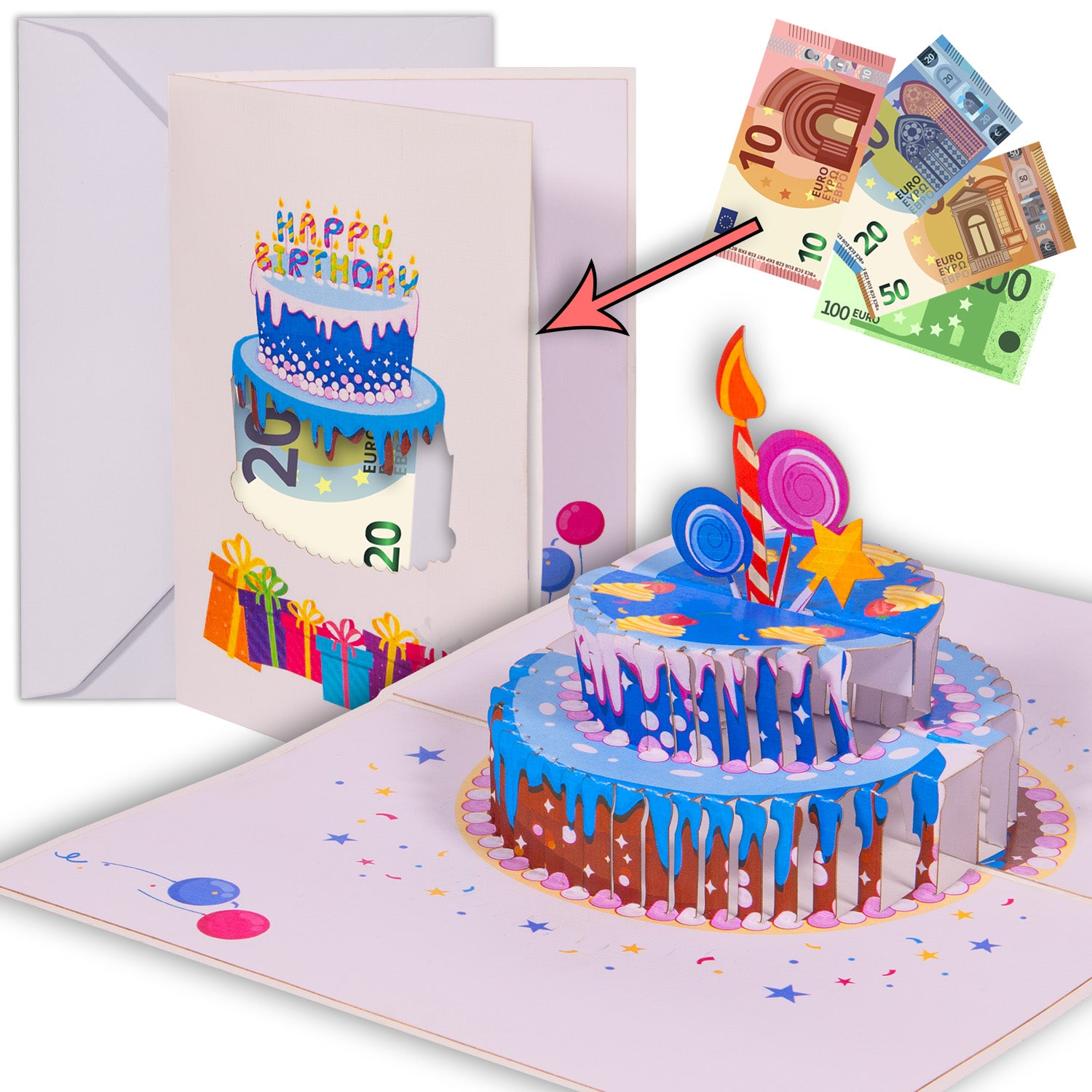 3D Pop - Up Karte mit Geldfach - Verpackung Geldgeschenk, Geburtstagskarte, Torte, N13