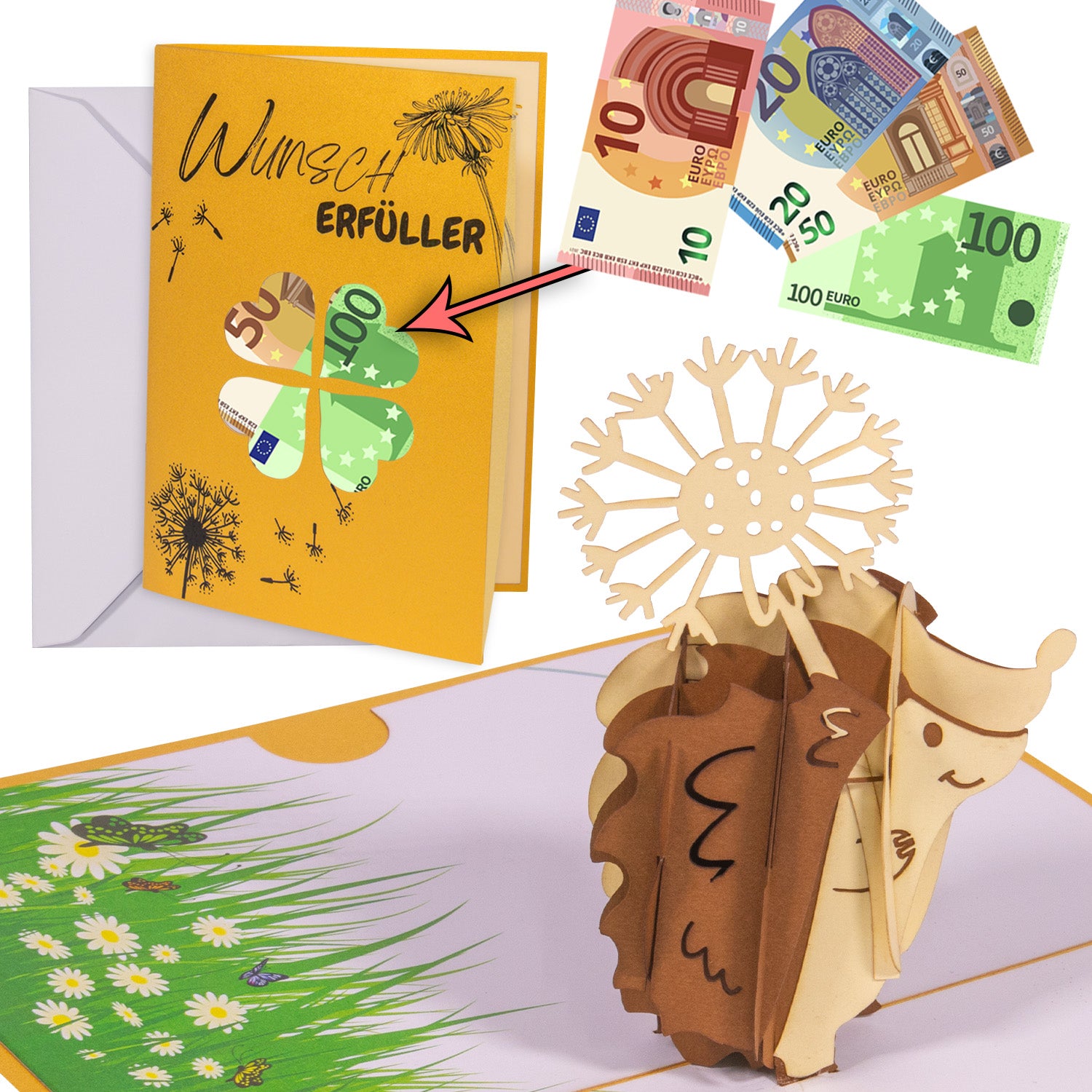 3D Pop - Up Karte mit Geldfach - Verpackung Geldgeschenk, Igel, Wunscherfüller, G3