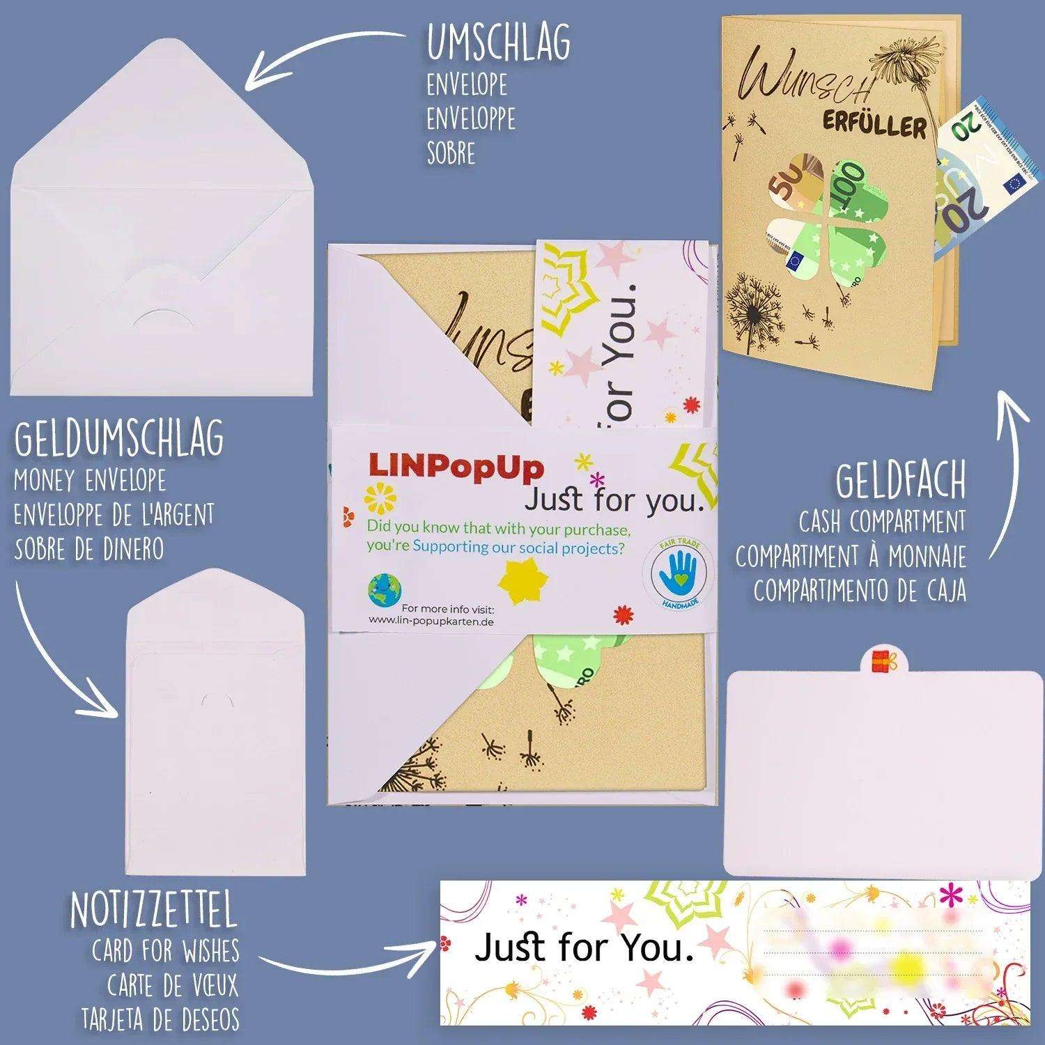 3D Pop - Up Karte mit Geldfach - Verpackung Geldgeschenk, Wunscherfüller, Marienkäfer, N161 LINPopUp N161