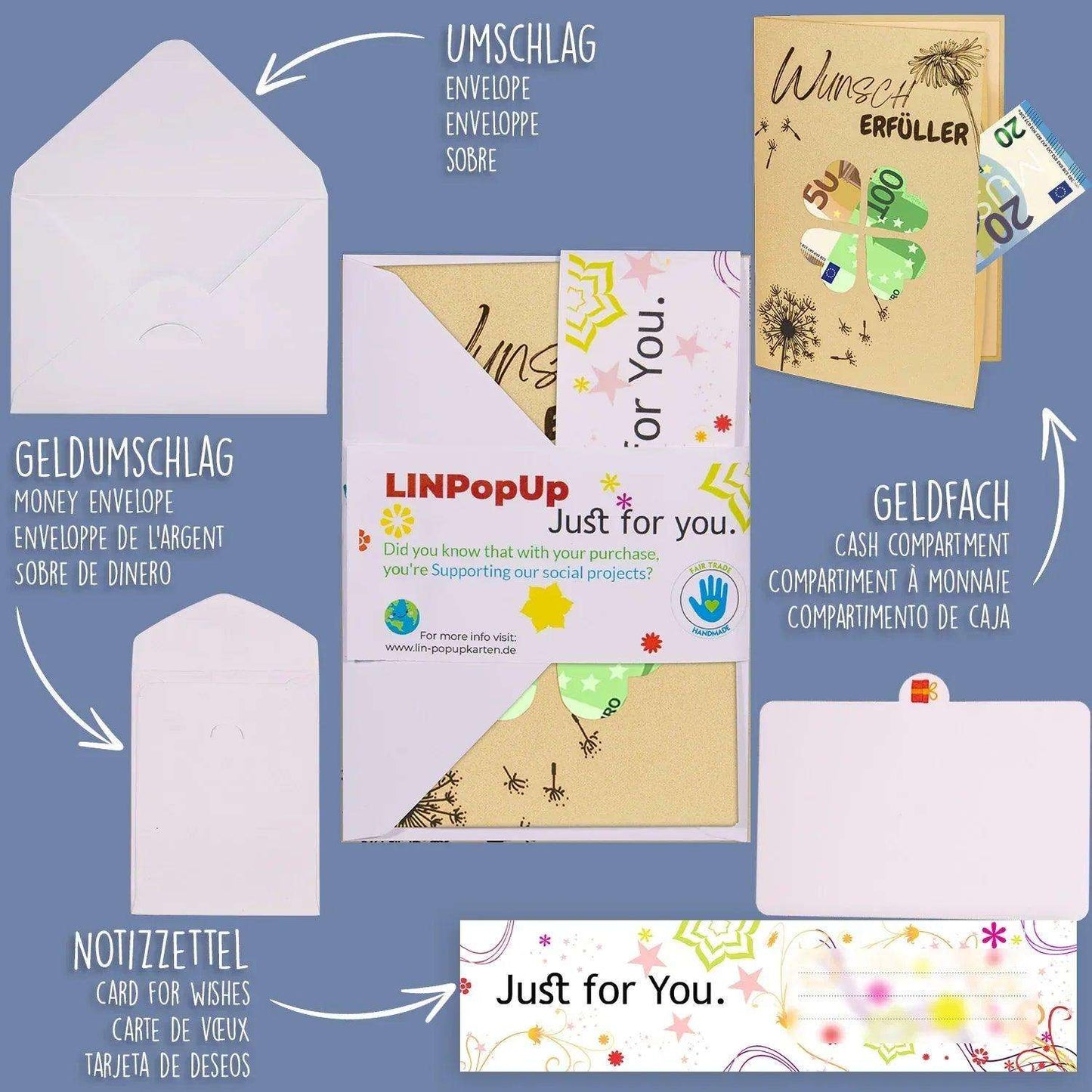 3D Pop - Up Karte mit Geldfach - Verpackung Geldgeschenk, Wunscherfüller, Marienkäfer, N161 - LINPopUp
