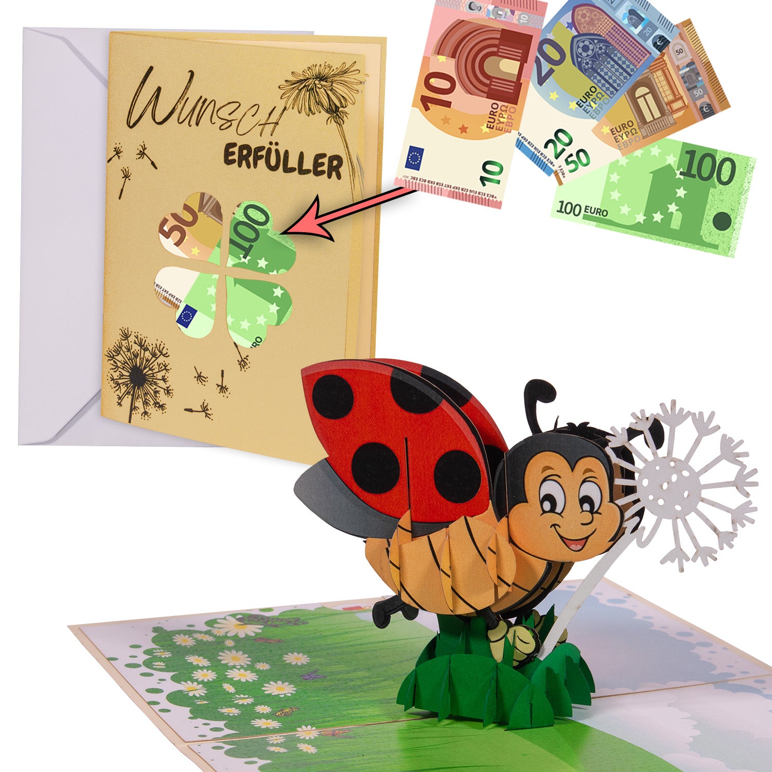 3D Pop - Up Karte mit Geldfach - Verpackung Geldgeschenk, Wunscherfüller, Marienkäfer, N161
