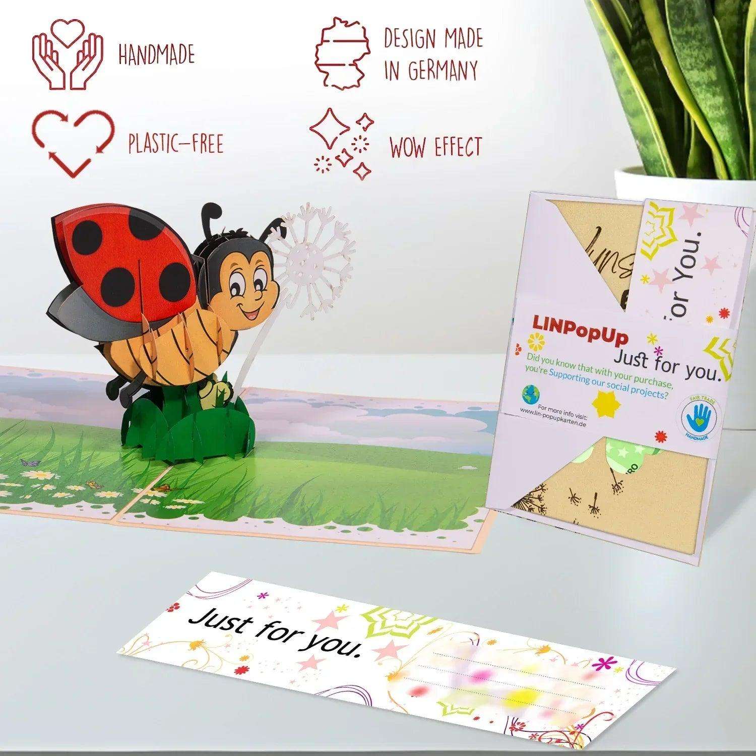 3D Pop - Up Karte mit Geldfach - Verpackung Geldgeschenk, Wunscherfüller, Marienkäfer, N161 LINPopUp N161