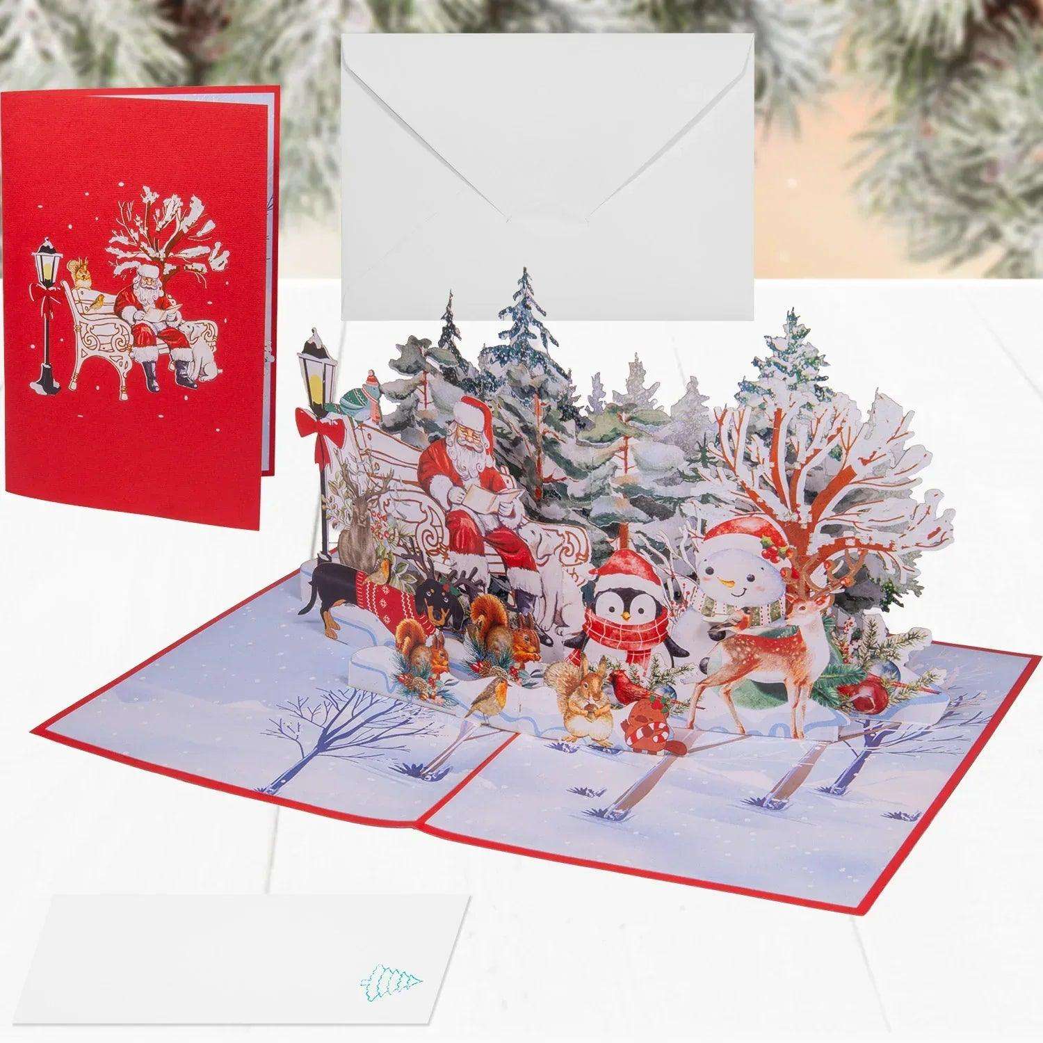Pop Up Weihnachtskarte 3D - Weihnachtsmann im Park mit Rentier & Tieren, N461 - LINPopUp