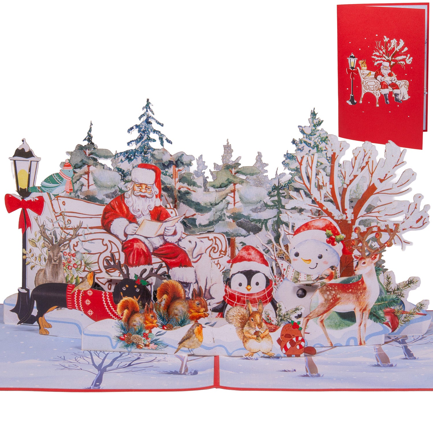 Pop Up Weihnachtskarte 3D - Weihnachtsmann im Park mit Rentier & Tieren, N461