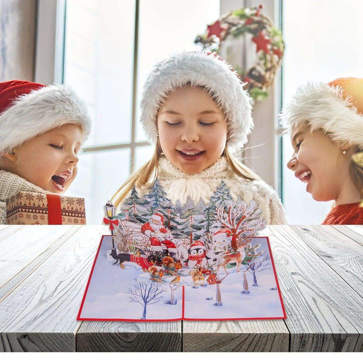 Pop Up Weihnachtskarte 3D - Weihnachtsmann im Park mit Rentier & Tieren, N461 - LINPopUp