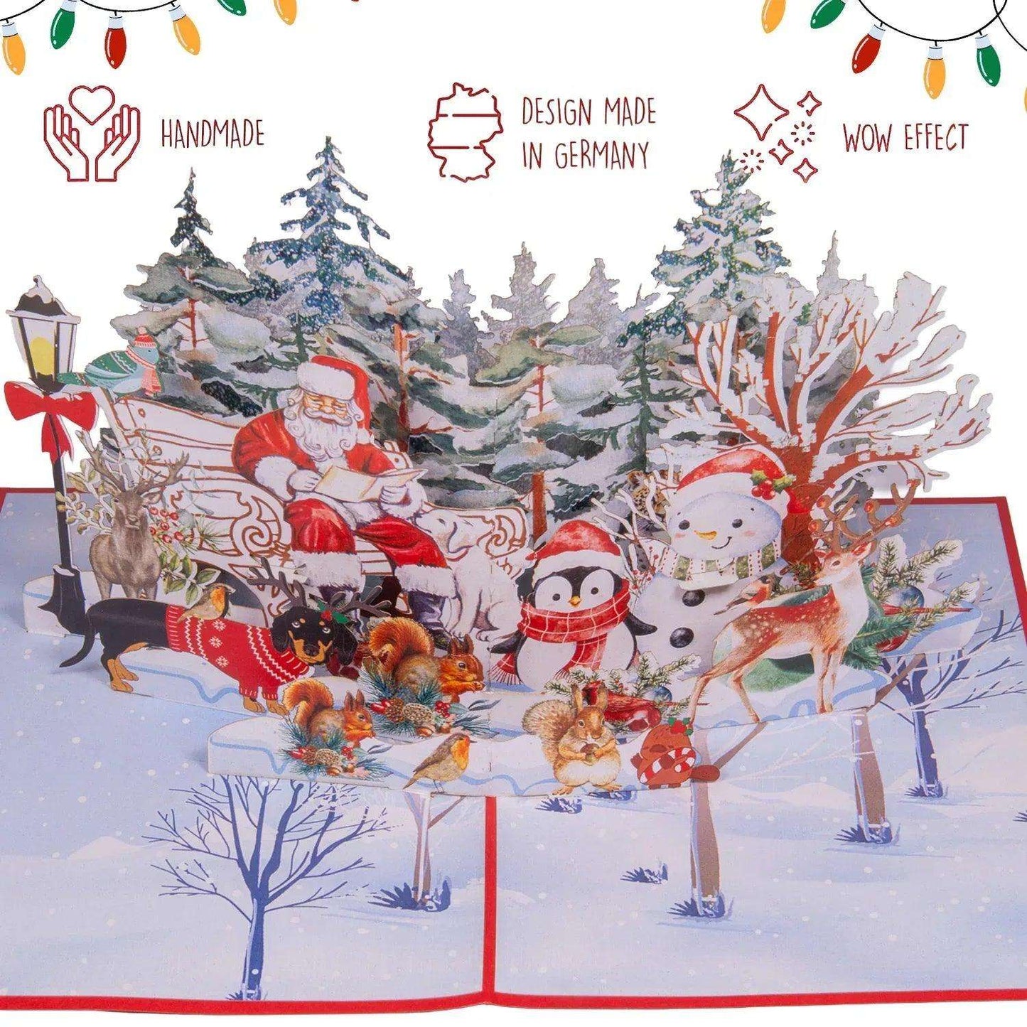 Pop Up Weihnachtskarte 3D - Weihnachtsmann im Park mit Rentier & Tieren, N461 - LINPopUp
