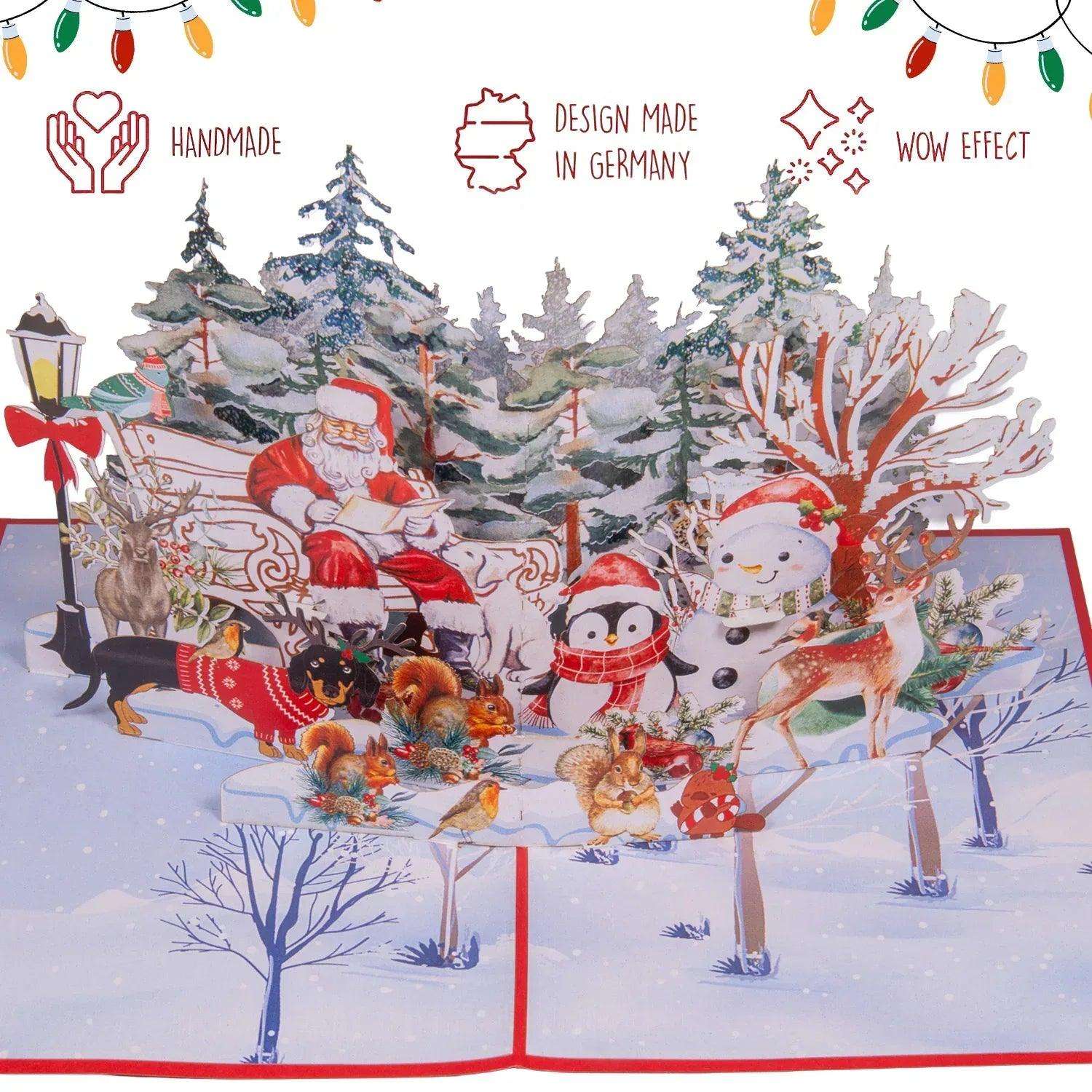 Pop Up Weihnachtskarte 3D - Weihnachtsmann im Park mit Rentier & Tieren, N461 - LINPopUp