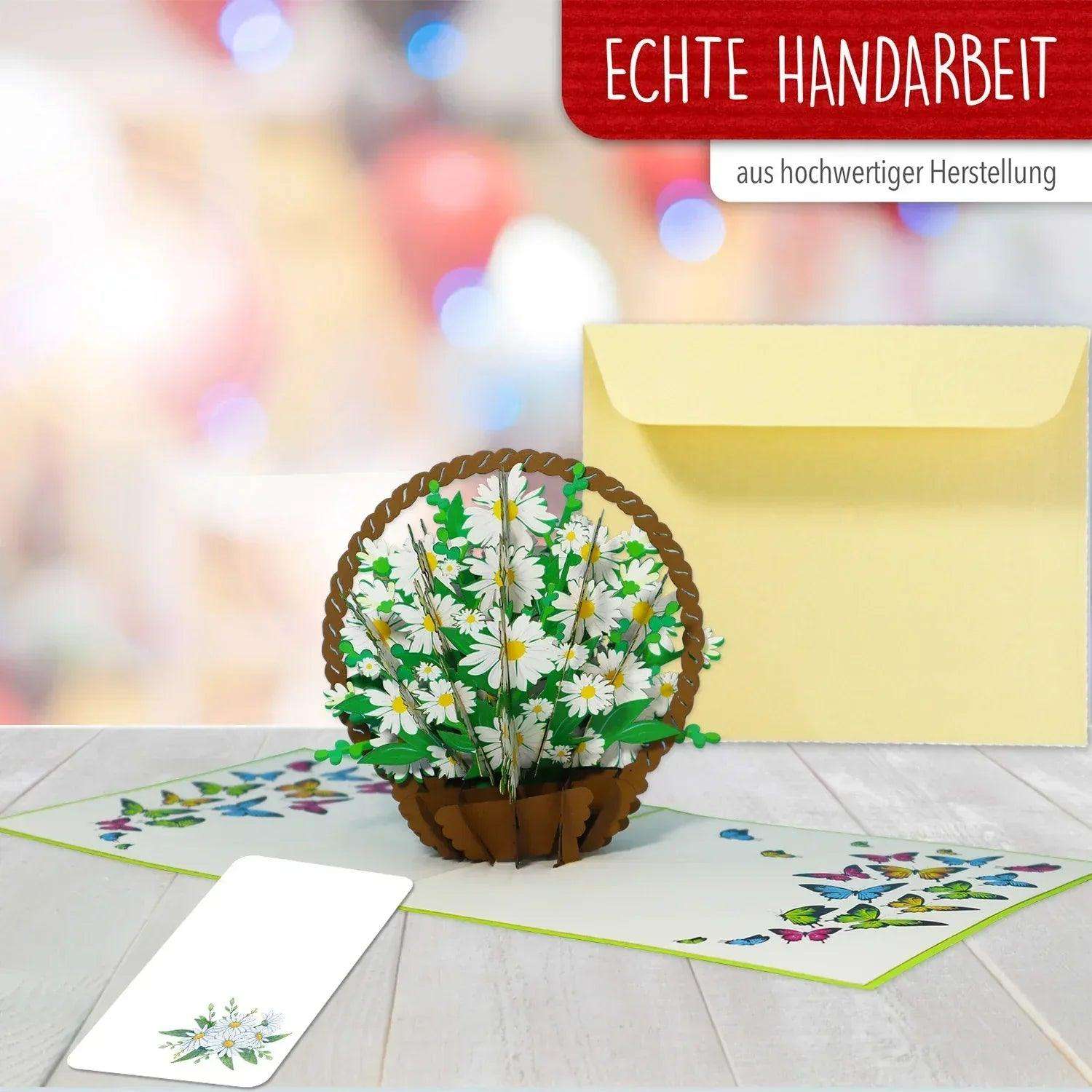 3D Pop-Up Karte Blumenkarte, Blumenkorb, Margeriten, N504 - LINPopUp