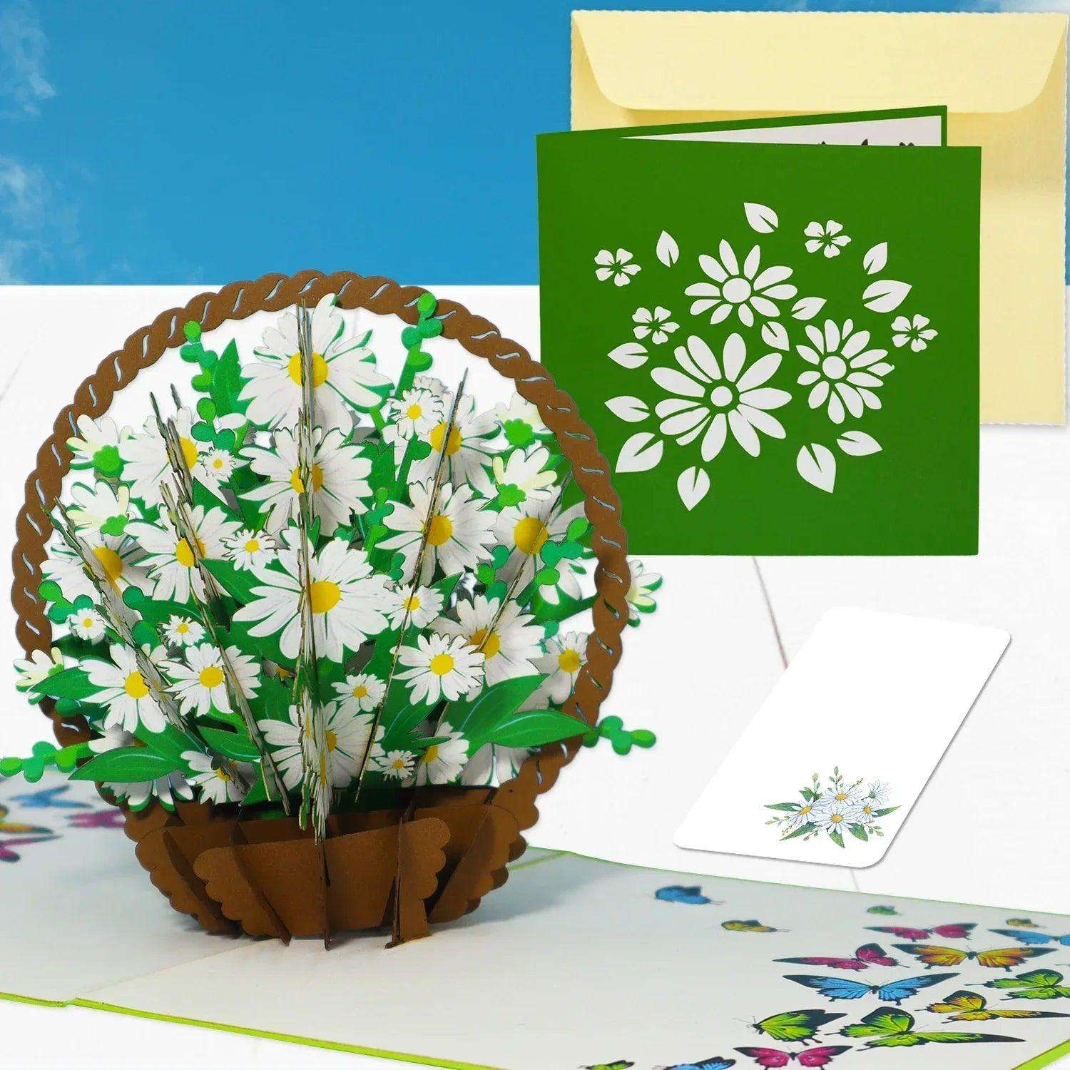 3D Pop-Up Karte Blumenkarte, Blumenkorb, Margeriten, N504 - LINPopUp