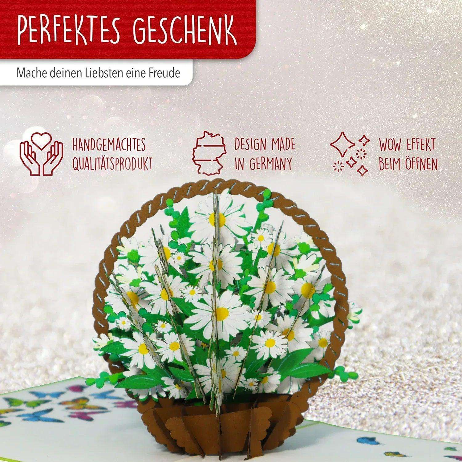 3D Pop-Up Karte Blumenkarte, Blumenkorb, Margeriten, N504 - LINPopUp