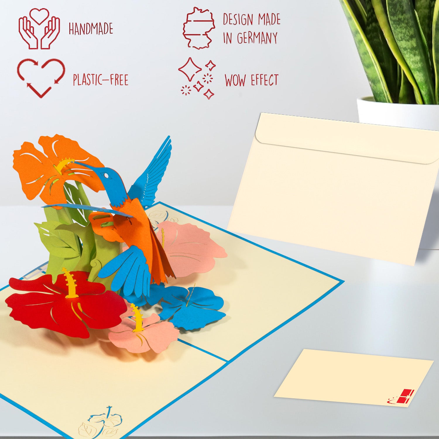 3D Pop-Up Blumenkarte mit Kolibri – Vogel & bunte Blumen, N255