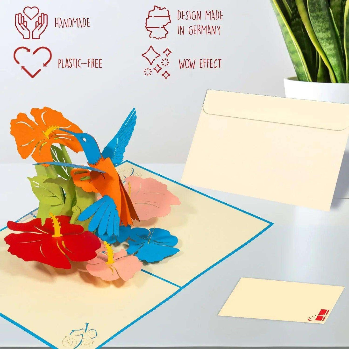 3D Pop-Up Blumenkarte mit Kolibri – Vogel & bunte Blumen, N255 - LINPopUp