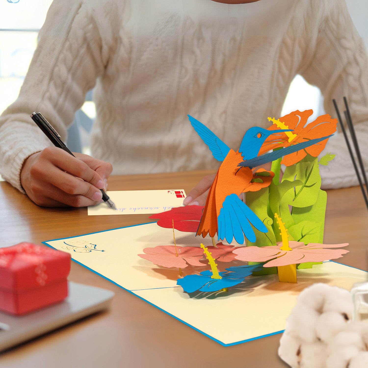 3D Pop-Up Blumenkarte mit Kolibri – Vogel & bunte Blumen, N255